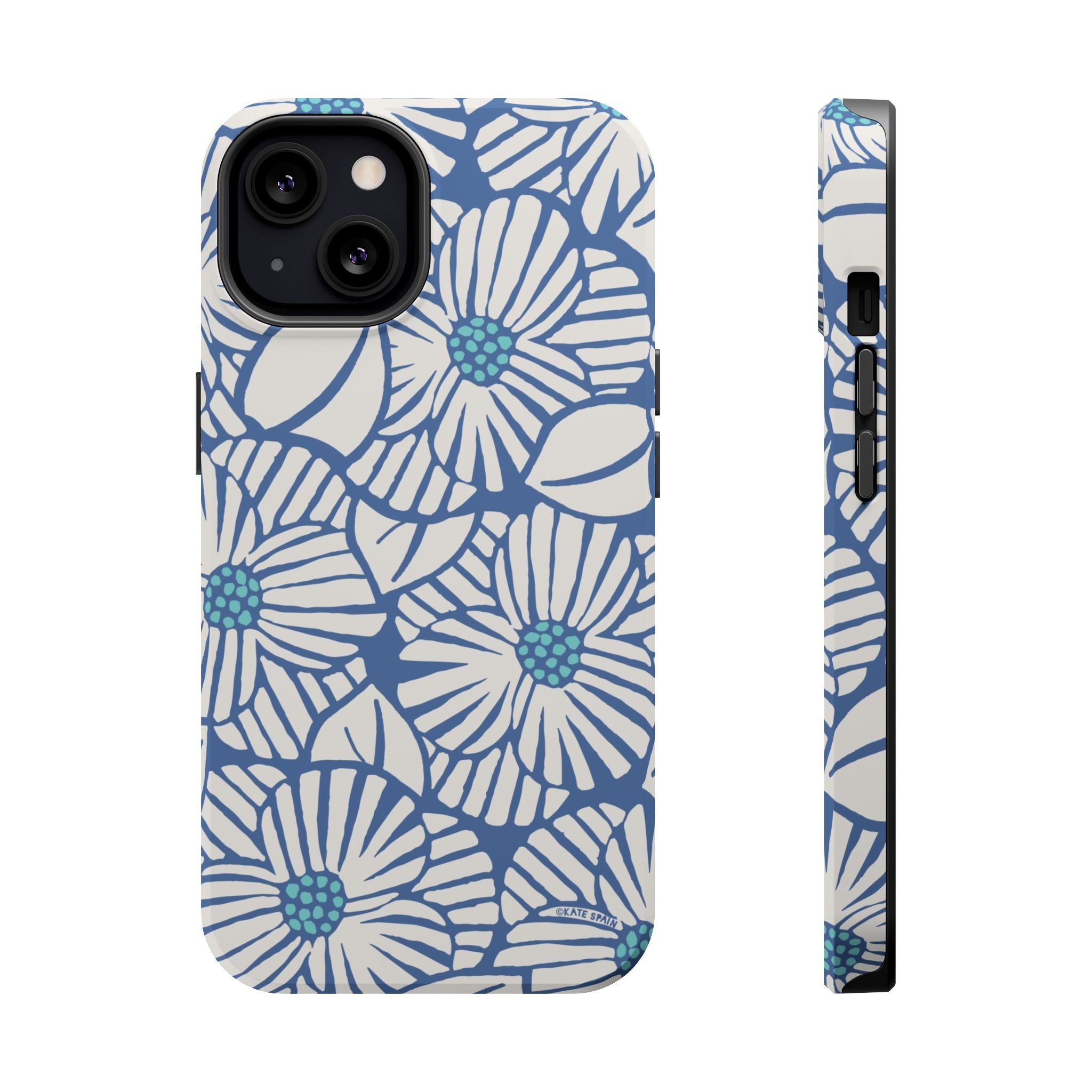 Calendula MagSafe iPhone 13 mini Case – Glossy | slate blue, cream, teal kimono botanical print