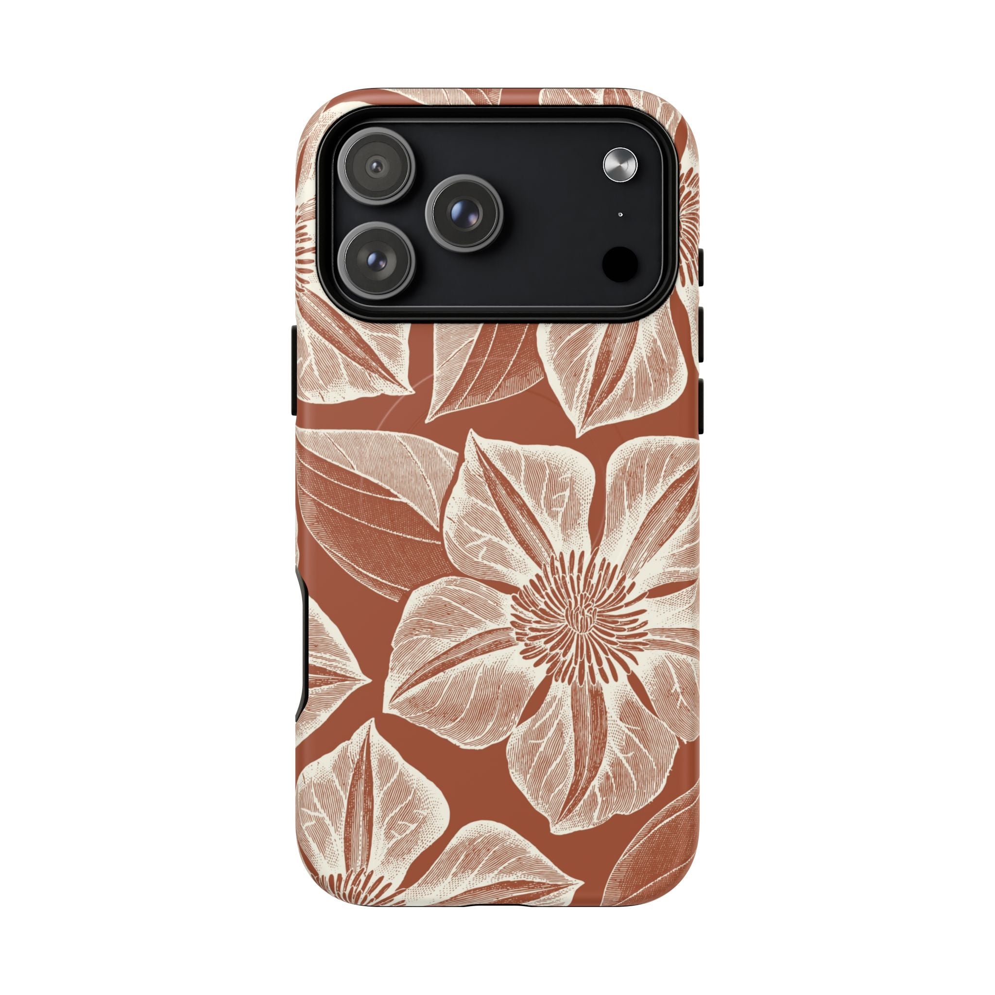 Vintage Bloom Sienna MagSafe iPhone 17 Pro Max – Matte | sienna ground, large-scale cream clematis print, engraved petal detail, dual-layer protection