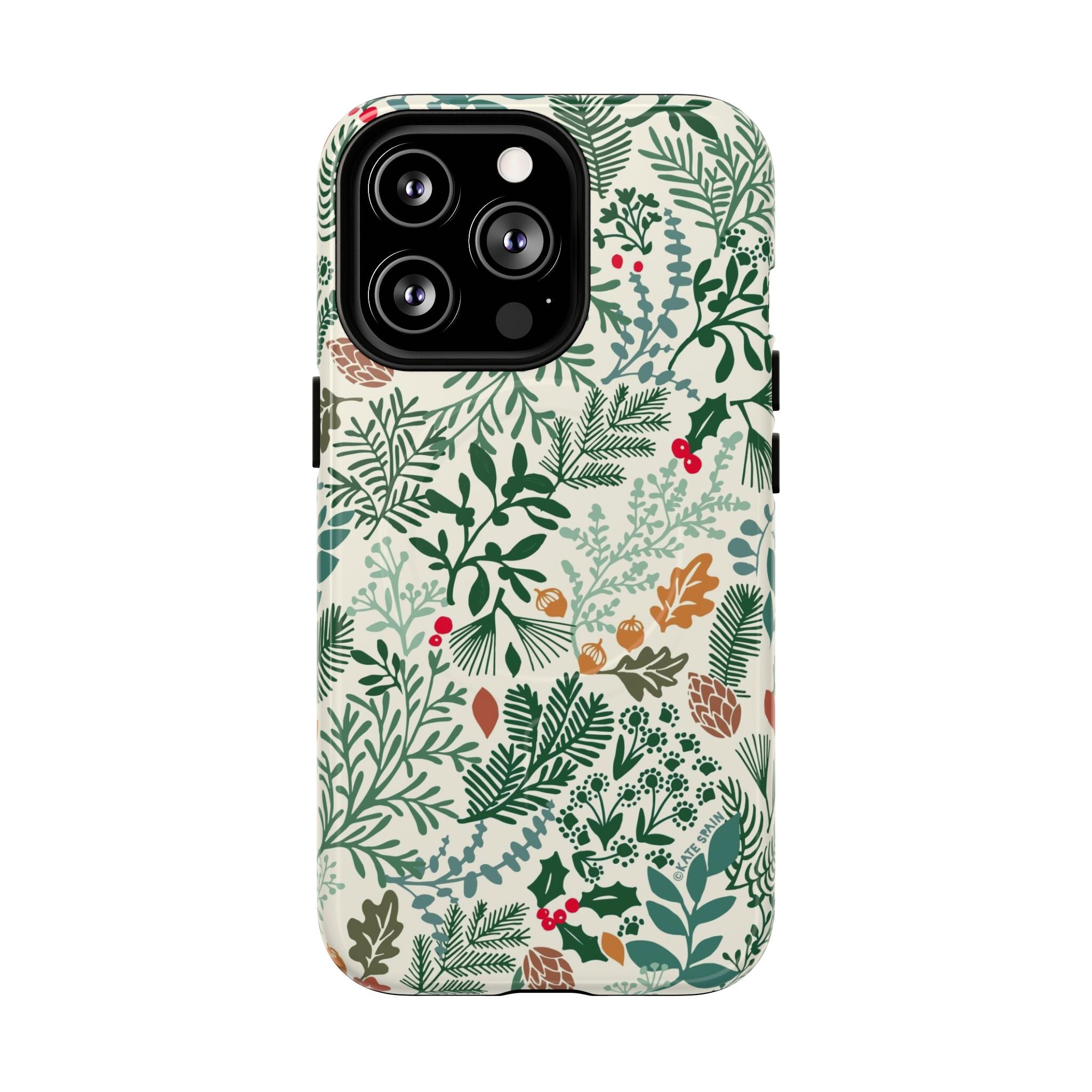 Juniper MagSafe iPhone 13 Pro Case – Glossy | cream, forest green, sage, and rust winter botanical print with pine, holly, acorns, and pinecones