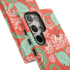 Designer Sarabande Samsung Galaxy S24 Ultra Case – Glossy | close-up of 5 camera lenses in case in coral, blush, mint tropical floral print