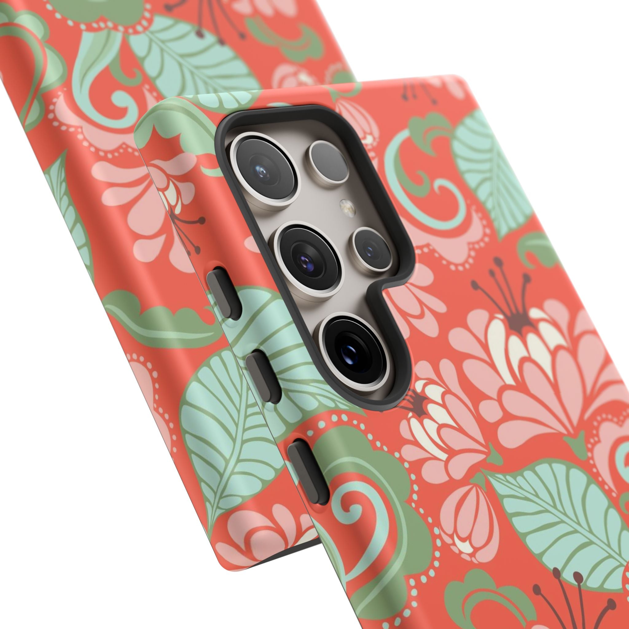 Designer Sarabande Samsung Galaxy S24 Ultra Case – Glossy | close-up of 5 camera lenses in case in coral, blush, mint tropical floral print