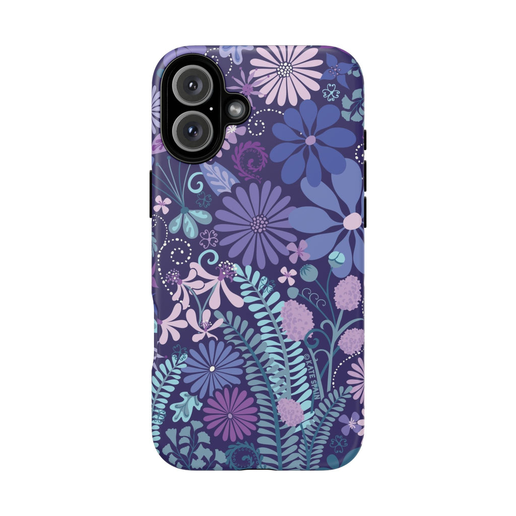 Luxury Terrain Tough iPhone 16 Plus Case – Matte | navy, purple, aqua botanical woodland floral print