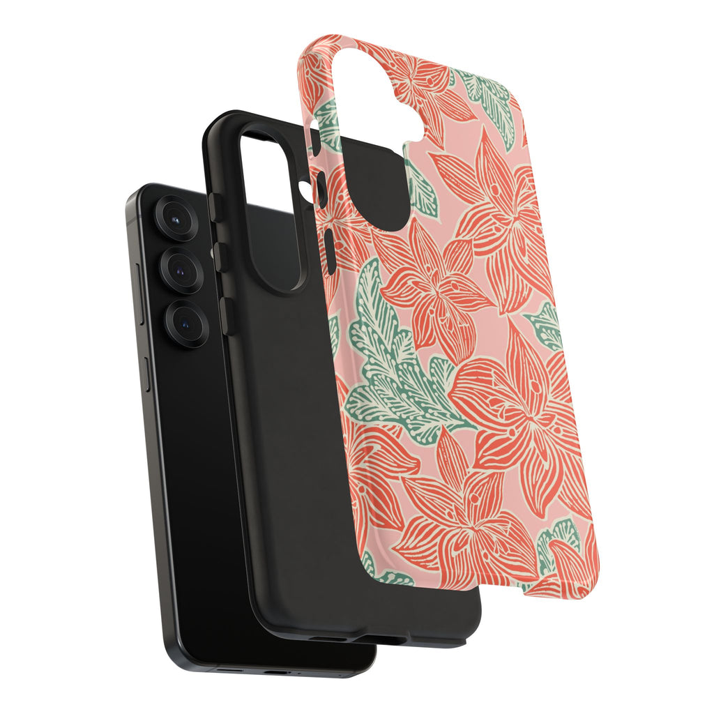 Hibiscus Coral Samsung Galaxy S26 Case — dual-layer construction detail showing protective inner and outer layers; coral red hibiscus and teal-green leaves botanical print