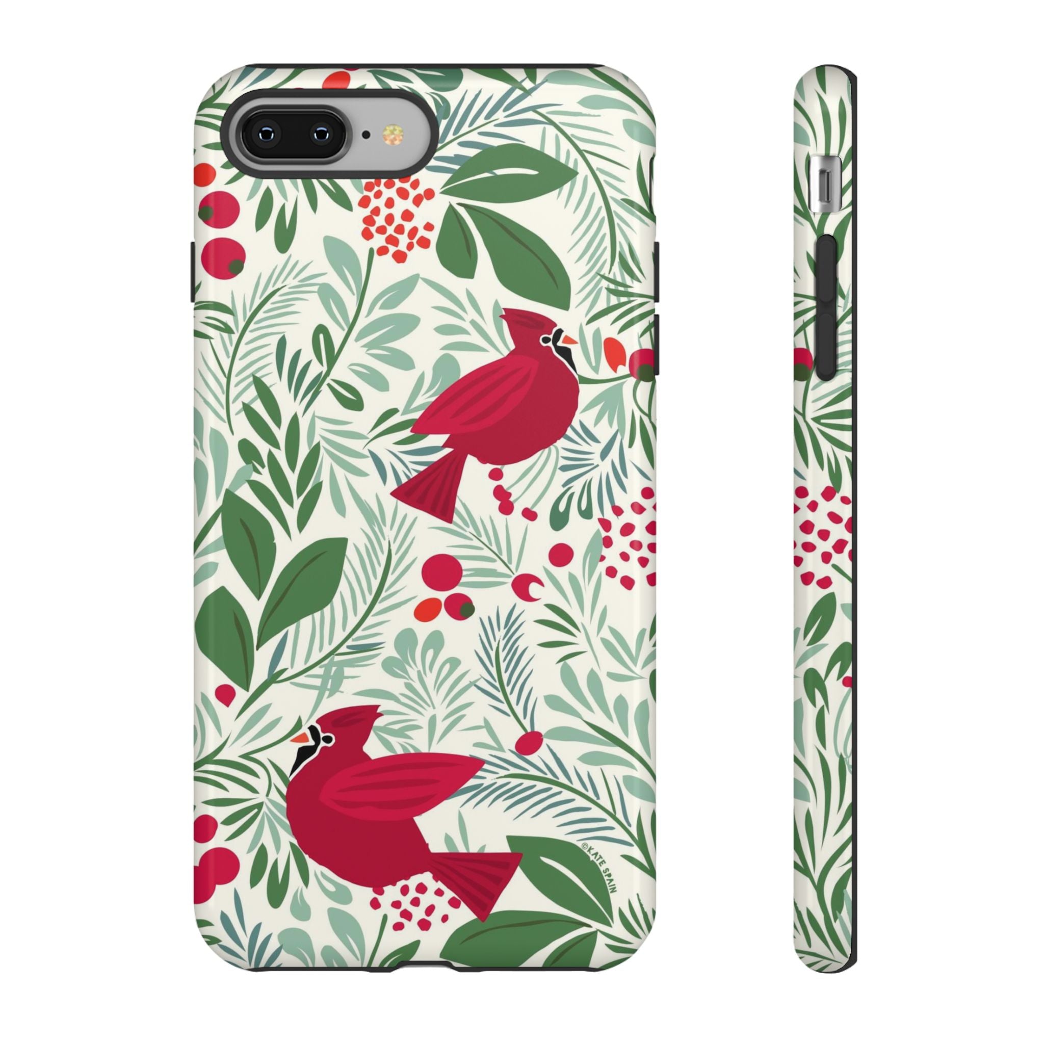 Birds and Berries Tough iPhone 8 Plus Case – Glossy | cream, red, green botanical cardinal berry print