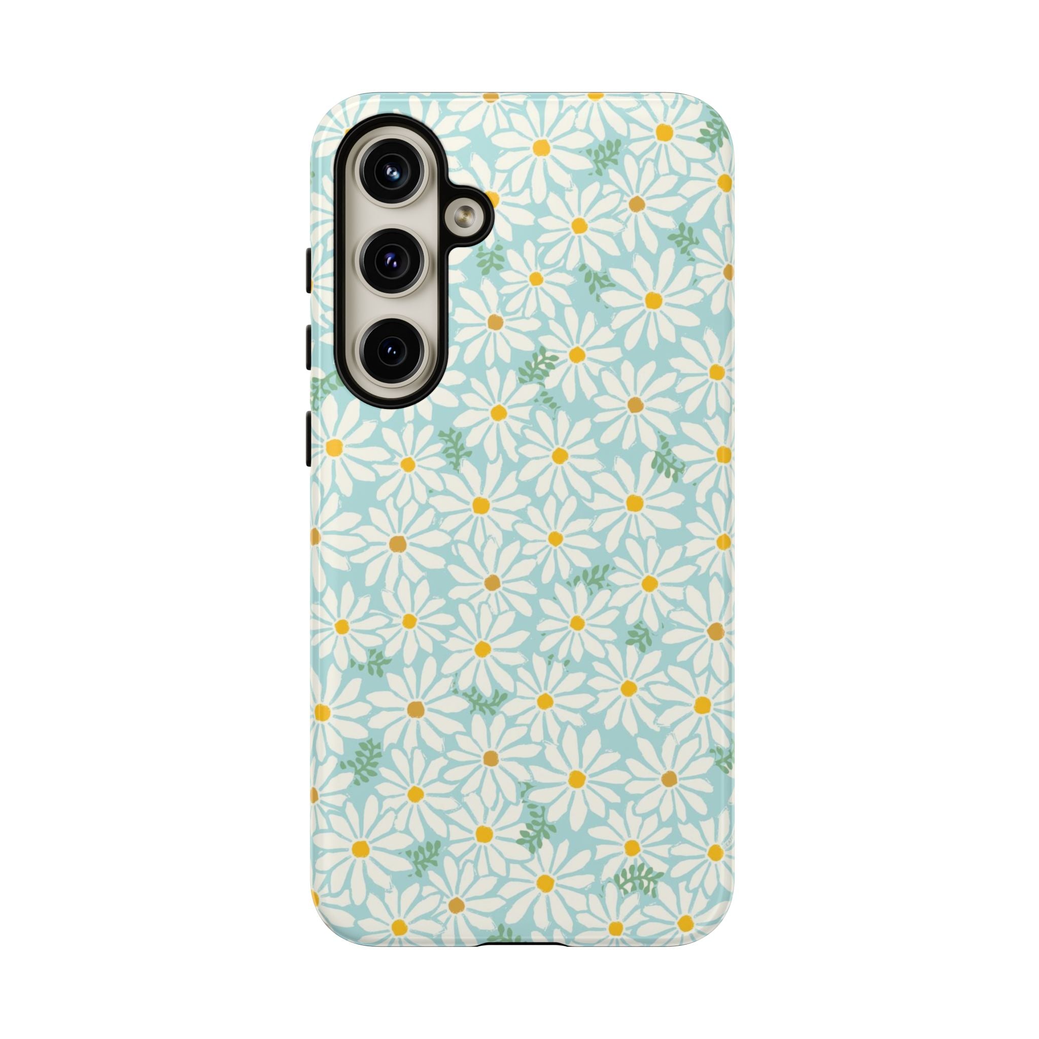 Daisies Samsung Galaxy S24 Plus Case – Glossy | sky blue, white daisy print, golden yellow centers, mint green leaves dual-layer protection