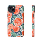 Tea Rose Navy Tough iPhone 14 Pro Max Case – Glossy | navy, coral, pink, cream rose floral print