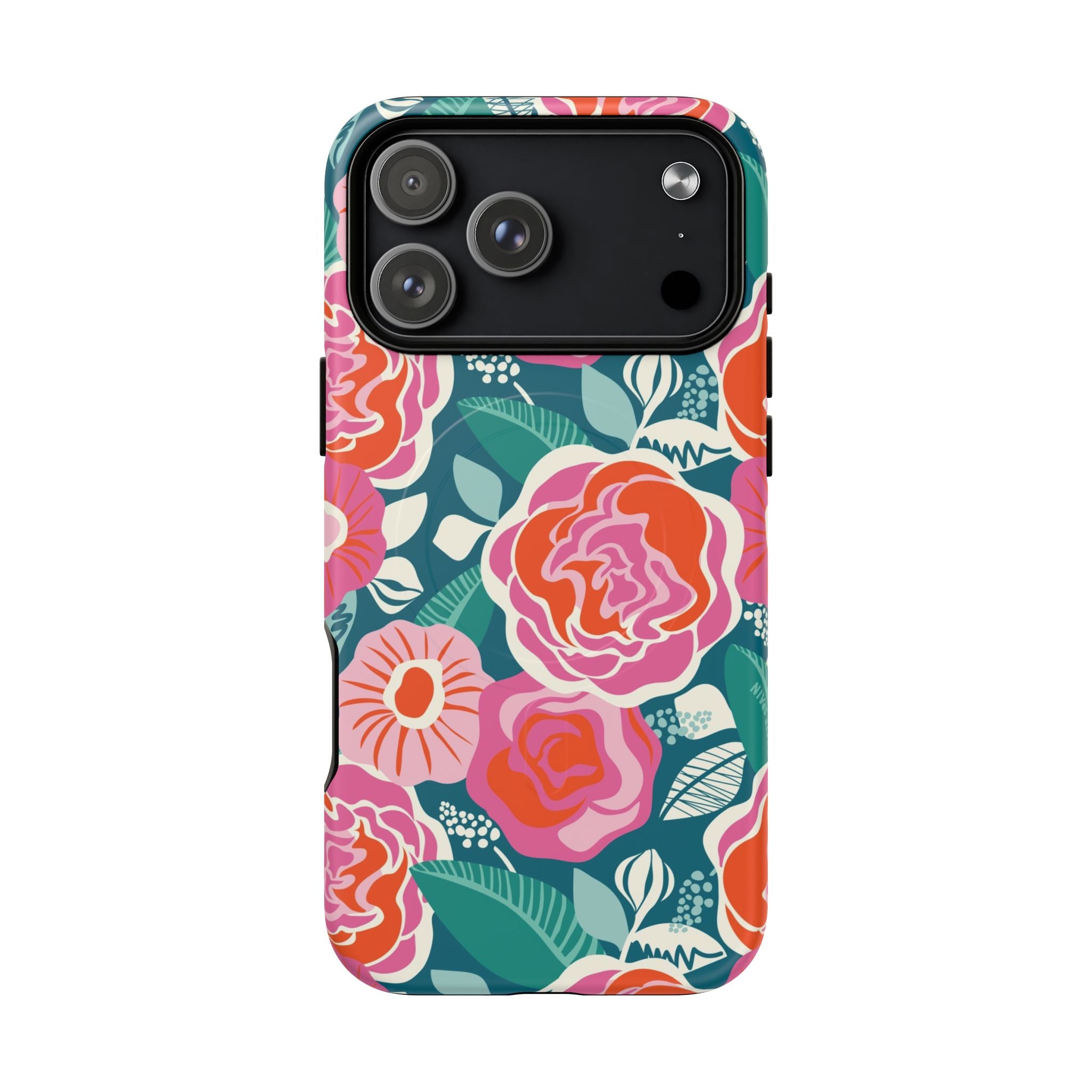 Luxury Tea Rose Teal MagSafe iPhone 17 Pro Max Case – Matte | teal, coral, pink botanical rose floral print