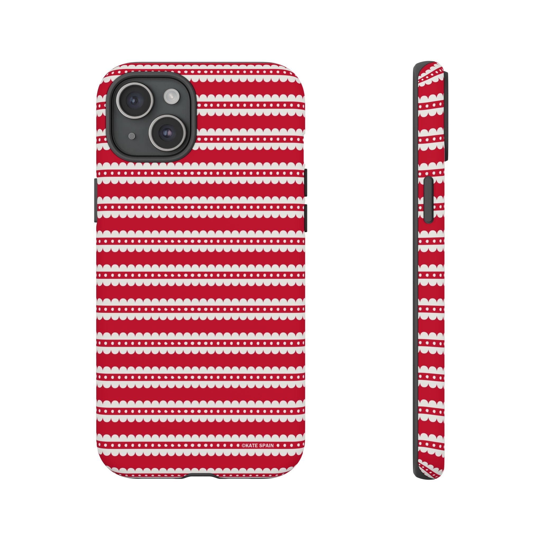Candy Cane Stripe Tough iPhone 15 Plus Case – Matte | red, cream scalloped candy cane stripe print