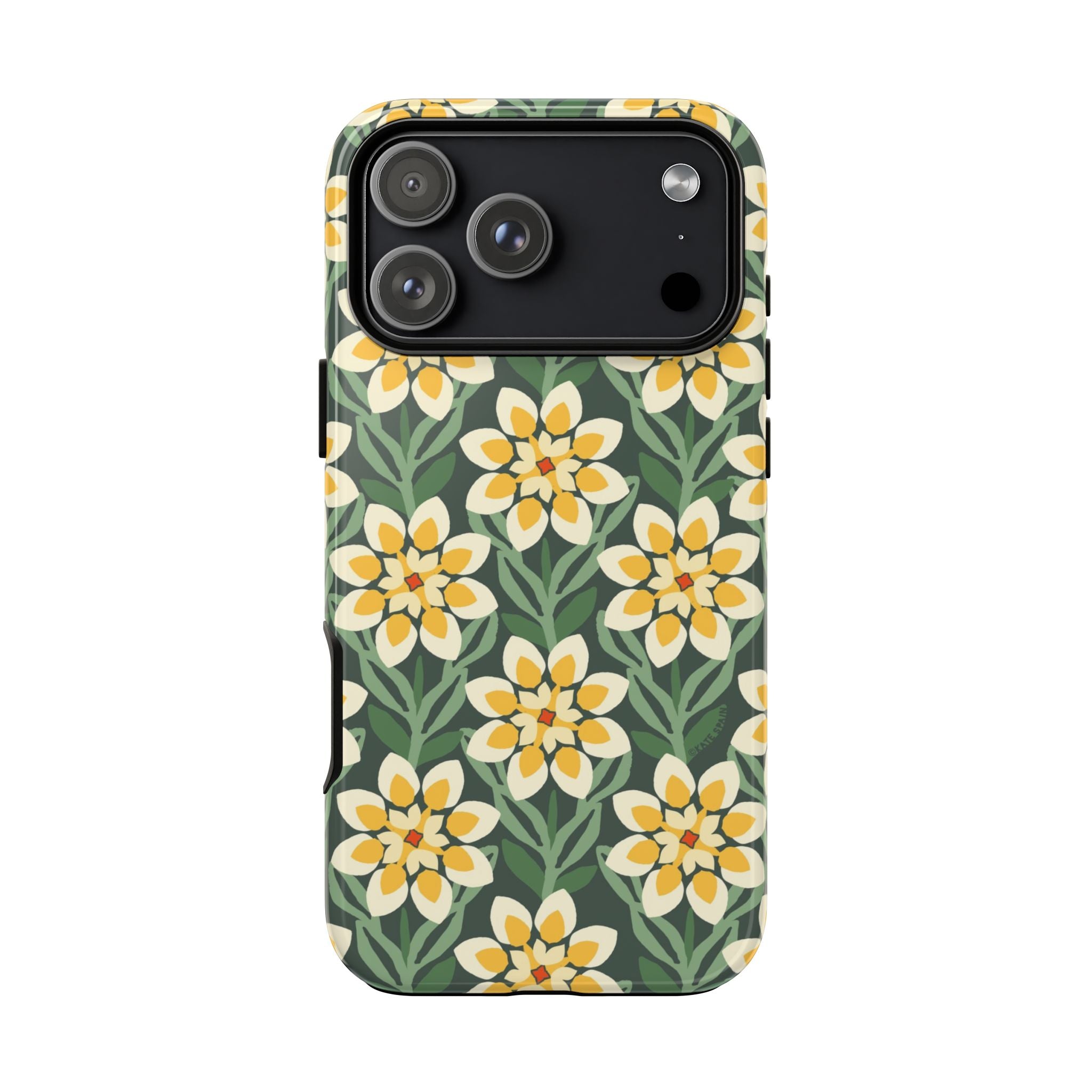Designer Modern Dahlia Tough iPhone 17 Pro Max Case – Glossy | yellow, cream, green dahlia floral print