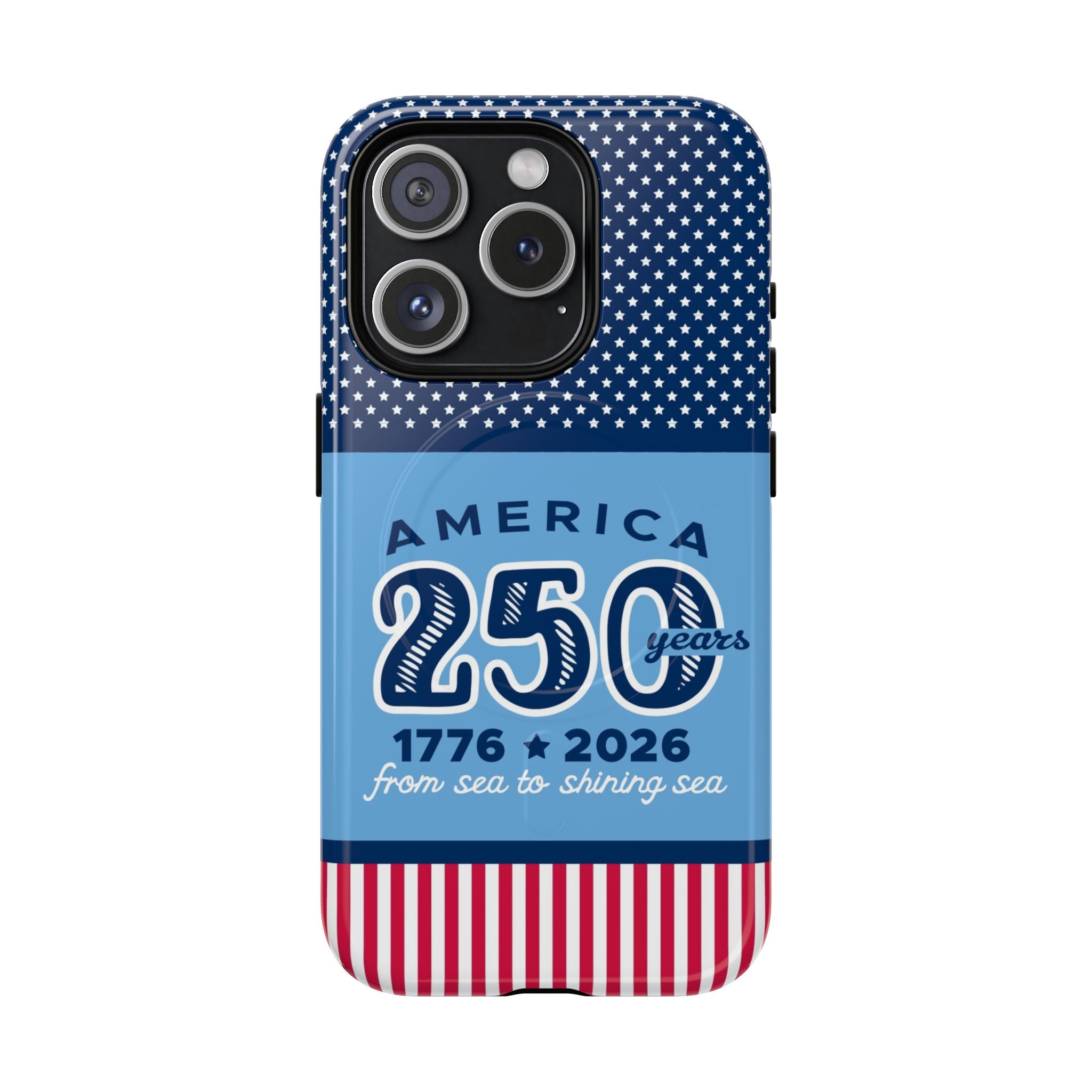 Sea to Shining Sea MagSafe iPhone 15 Pro Case – Glossy | navy, sky blue, red, white American stars & stripes 250th anniversary print