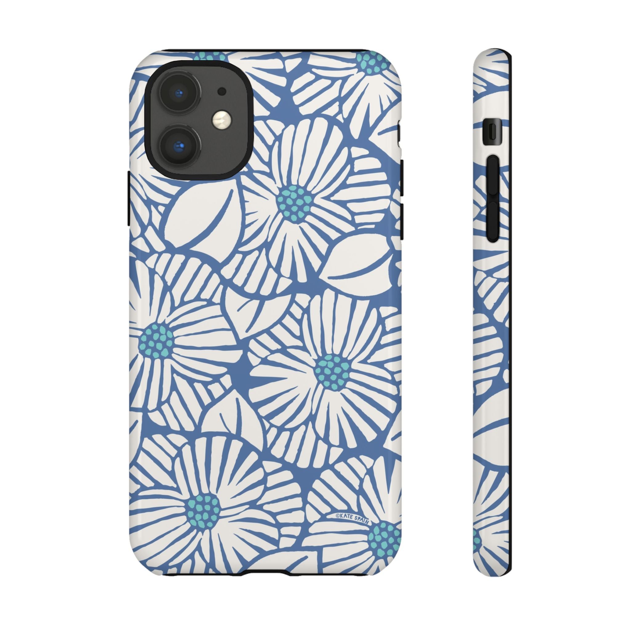 Calendula Tough iPhone 11 Case – Glossy | periwinkle, cream, teal graphic daisy floral print