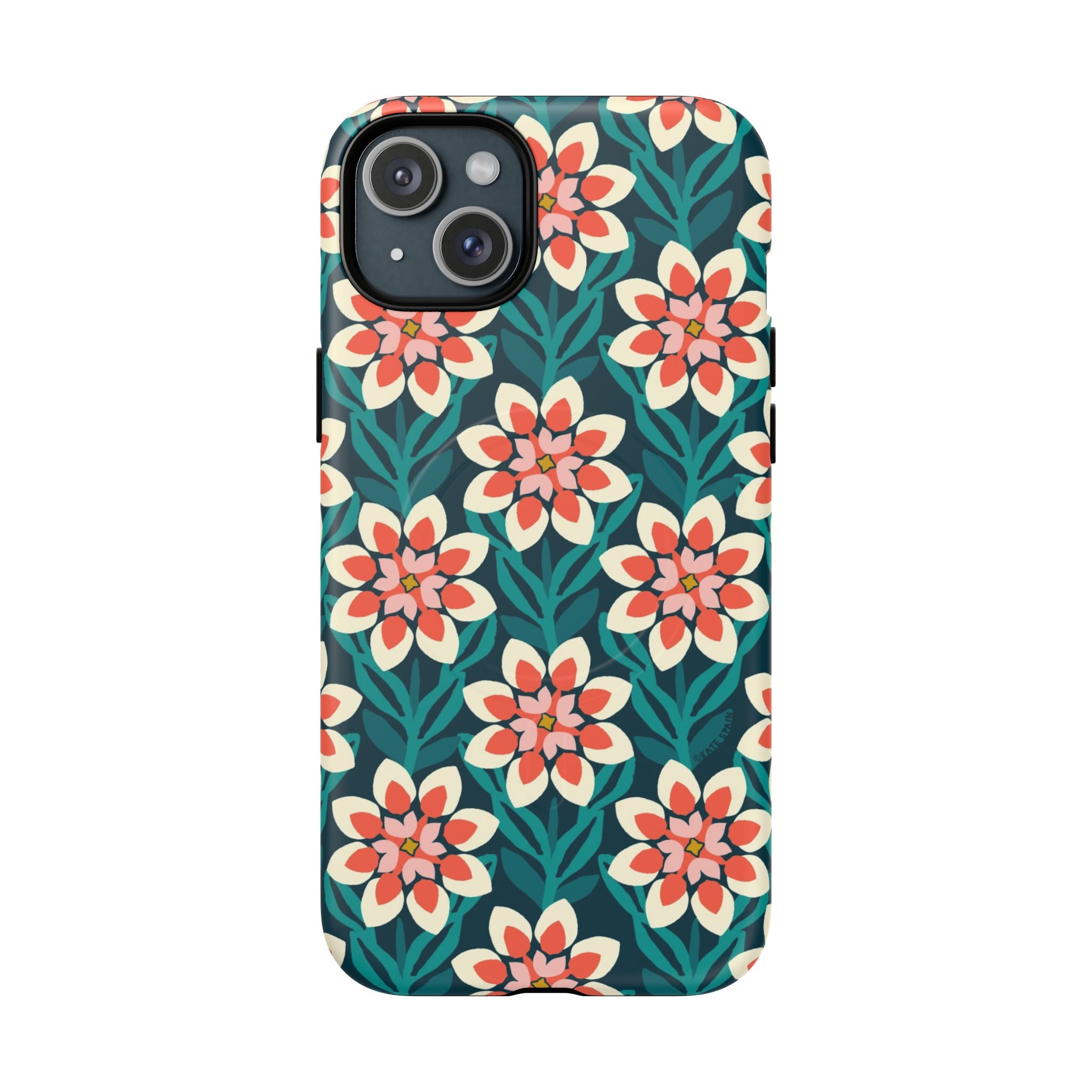Modern Dahlia MagSafe iPhone 15 Plus Case – Matte | teal, coral, cream botanical dahlia floral print