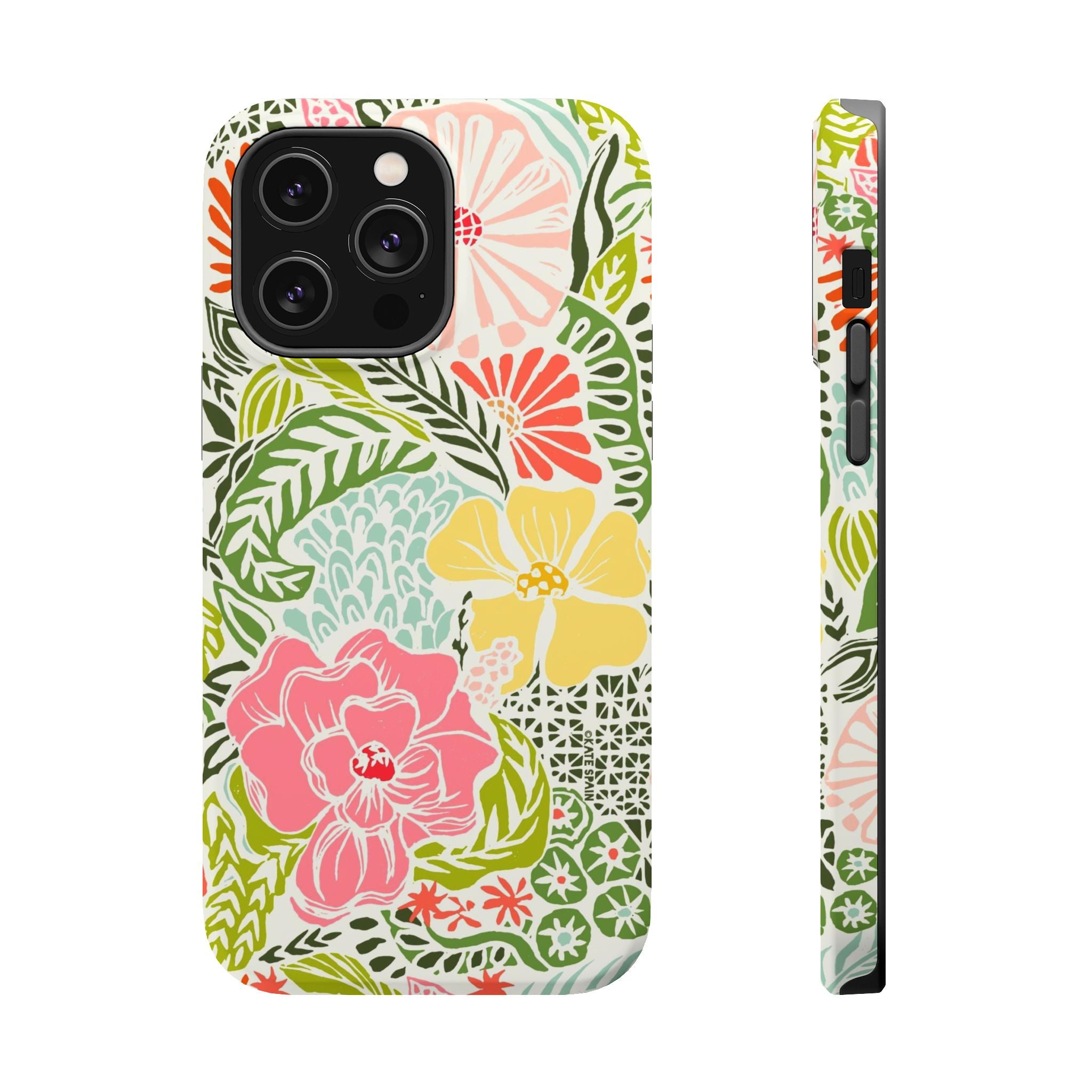 Tropica MagSafe iPhone 14 Pro Max Case – Matte | cream, pink, yellow, blue botanical floral print MagSafe compatible, dual-layer protection