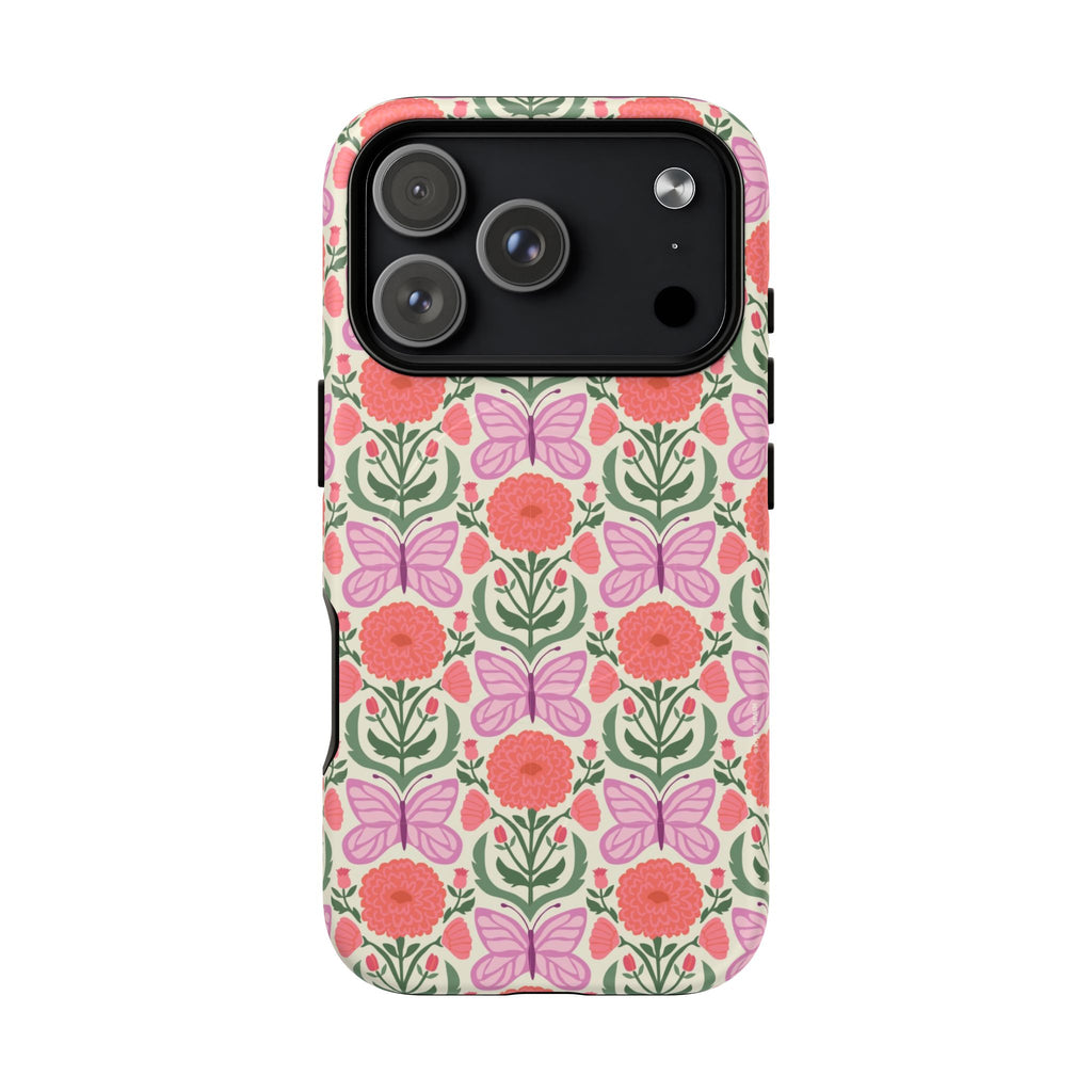 Pink Butterfly MagSafe iPhone 17 Pro Case – Matte | pink, coral, green, cream butterfly floral print