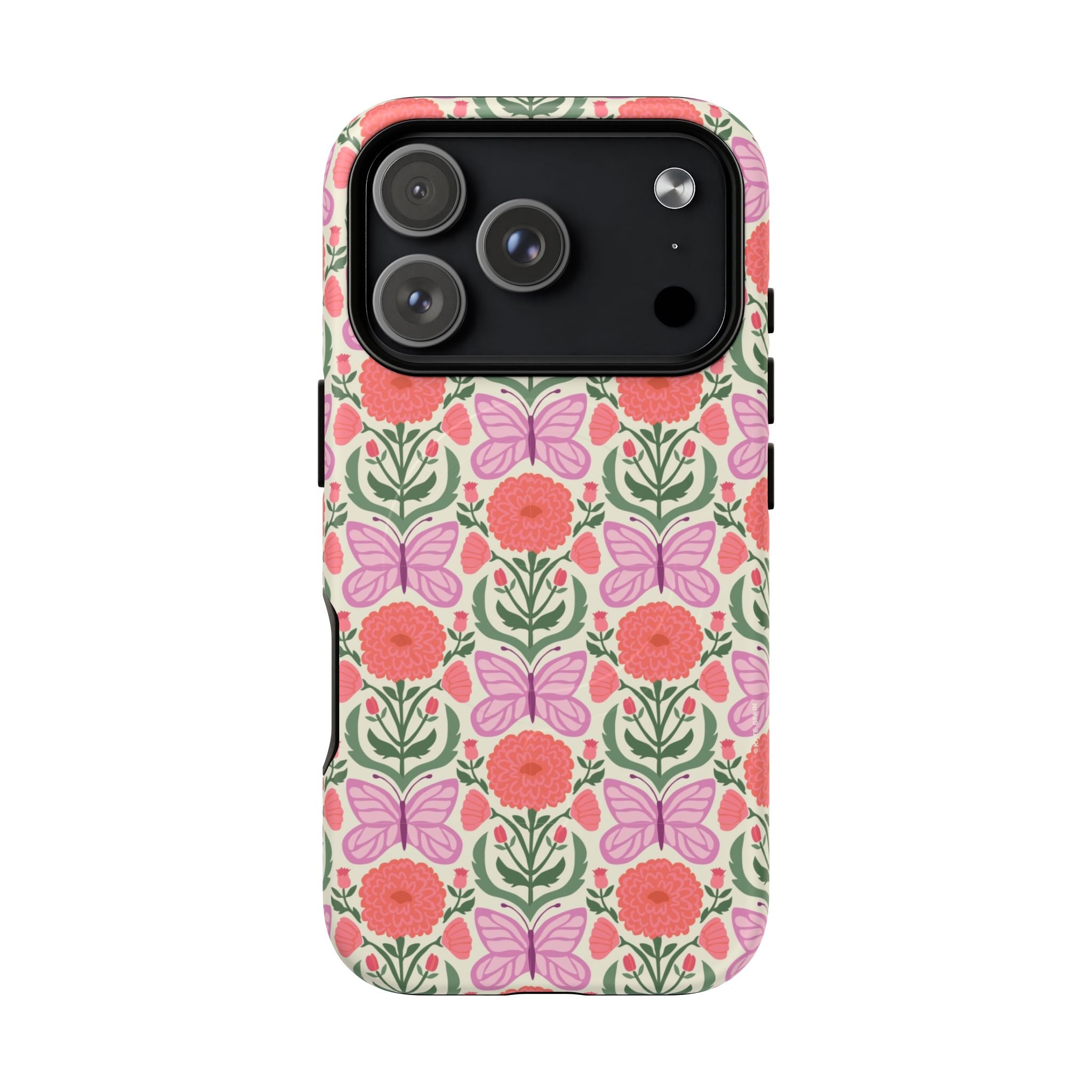 Pink Butterfly MagSafe iPhone 17 Pro Case – Matte | pink, coral, green, cream butterfly floral print
