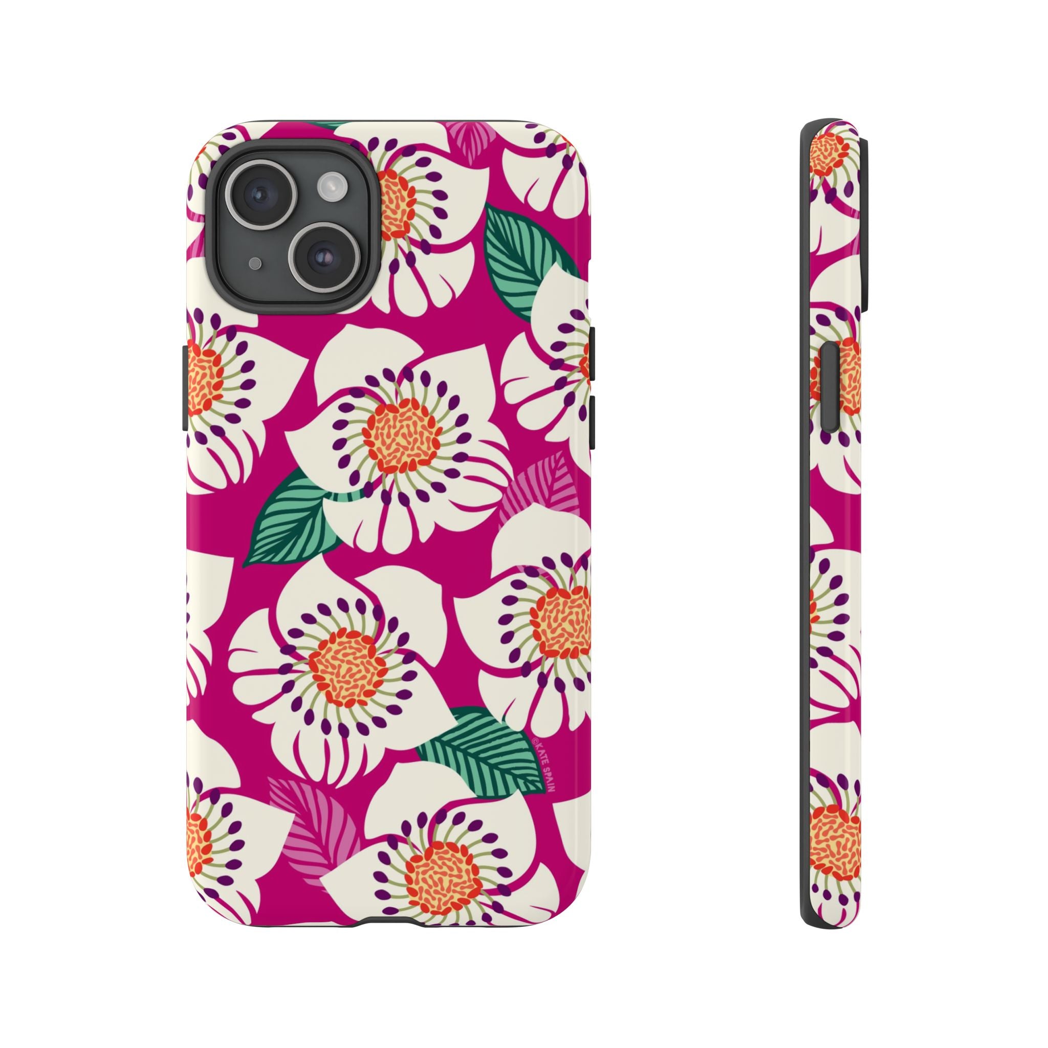 Panache Rose Tough iPhone 15 Plus Case – Glossy | berry, cream white, peach anemone floral print