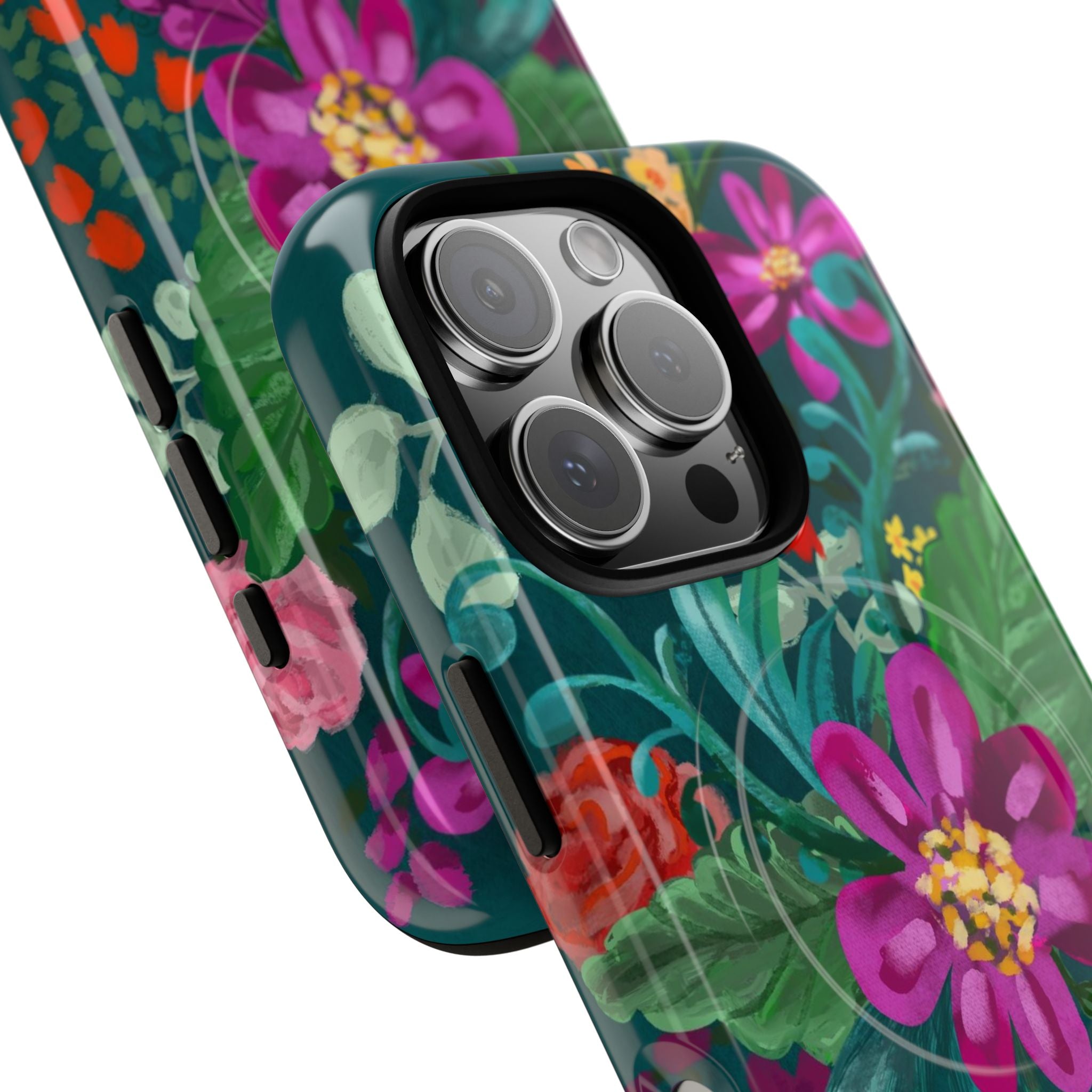 Posy MagSafe iPhone 16 Pro Max Case – Glossy | teal, purple, magenta, yellow botanical wildflower print | angled view closeup of camera cutout and buttons