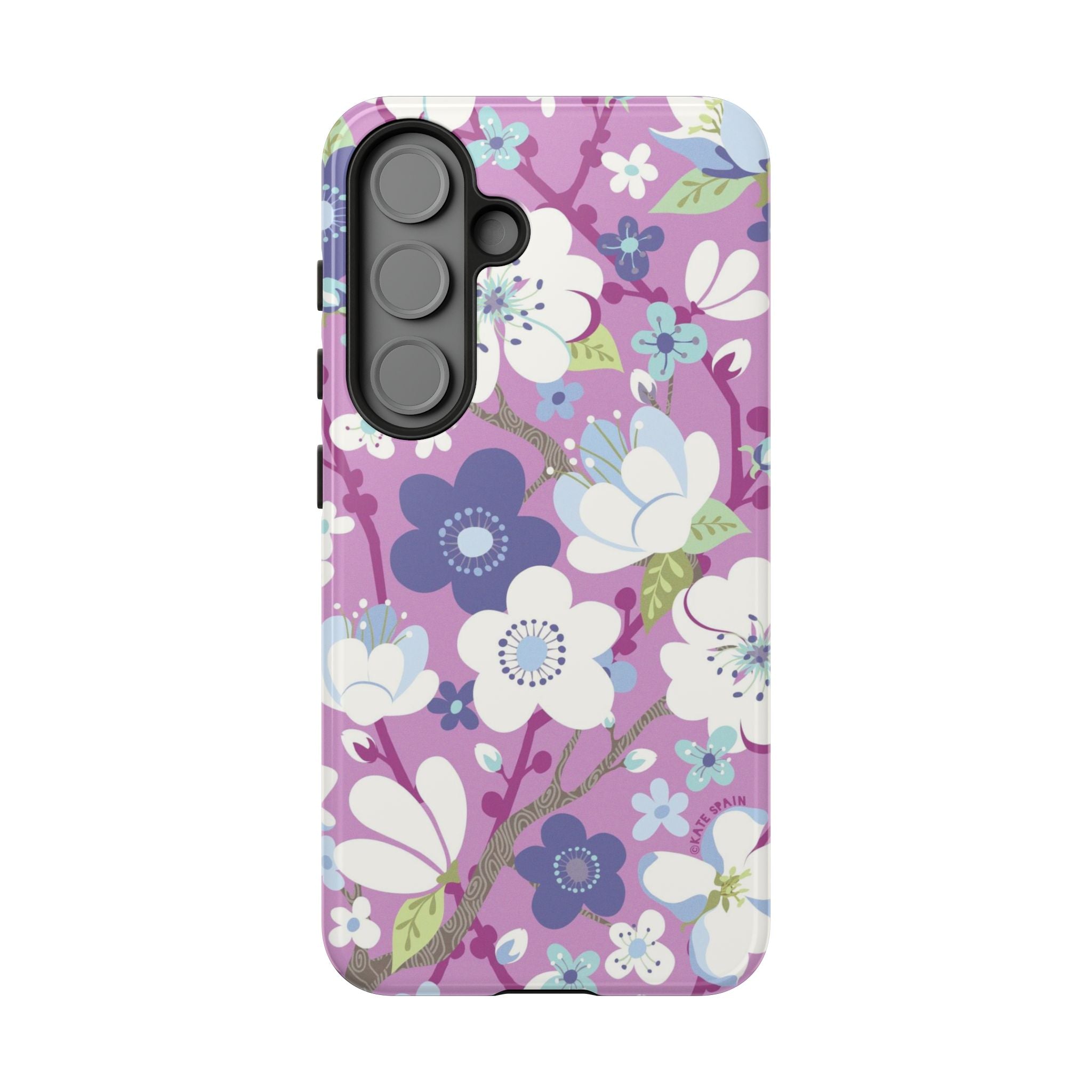 Cherry Blossom Samsung Galaxy S25 Case – Glossy | mauve, white, periwinkle cherry blossom floral print