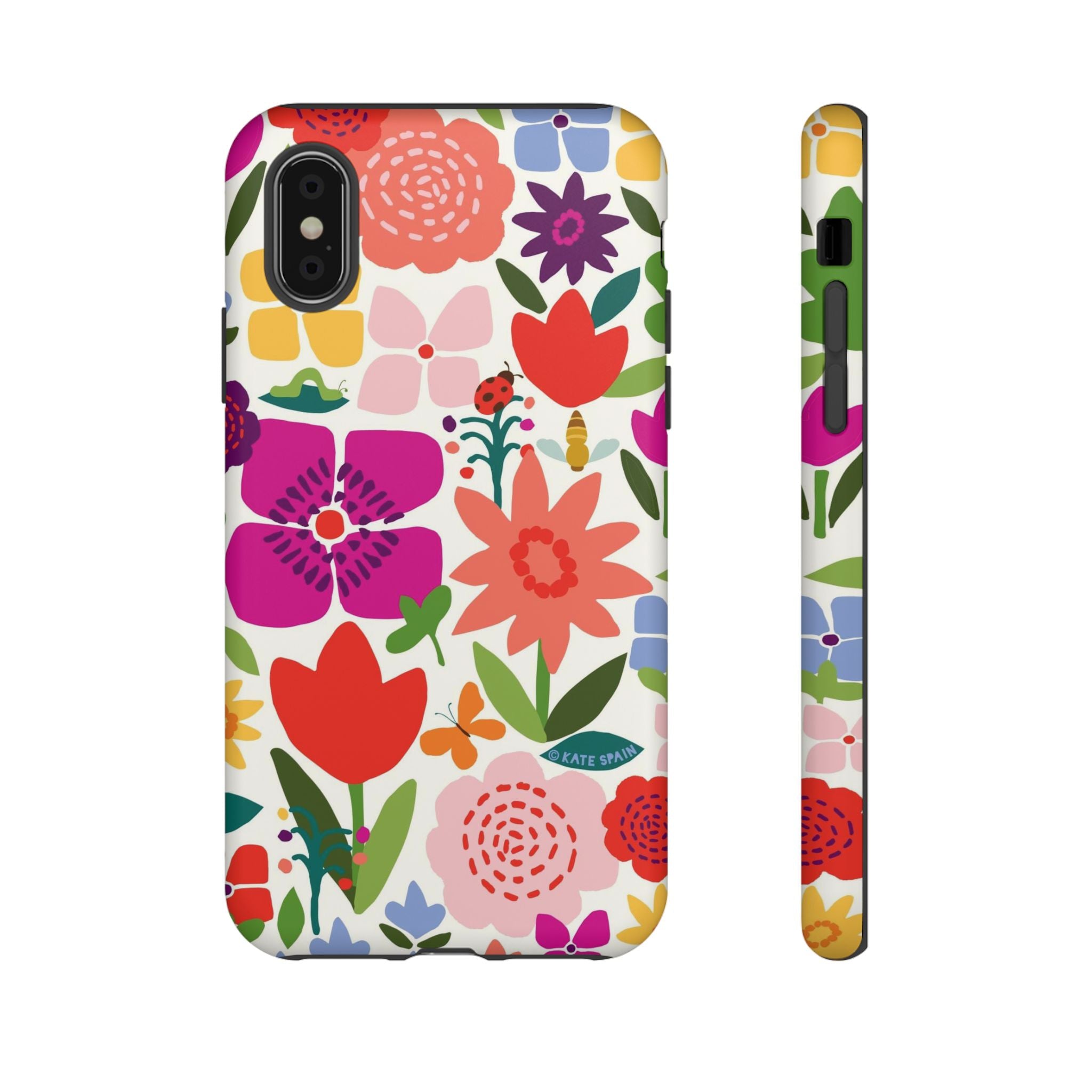 Happy Blooms Tough iPhone X Case – Matte | cream, red, magenta, coral botanical floral print
