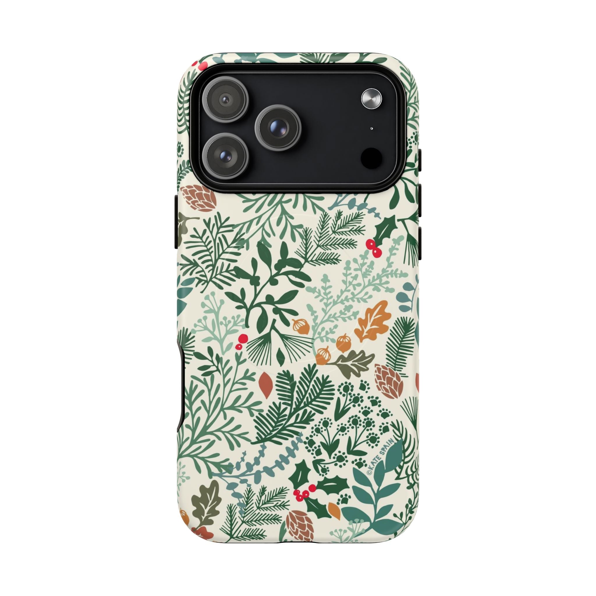 Juniper MagSafe iPhone 17 Pro Max Case – Matte | cream, forest green, sage, and rust winter botanical print with pine, holly, acorns, and pinecones