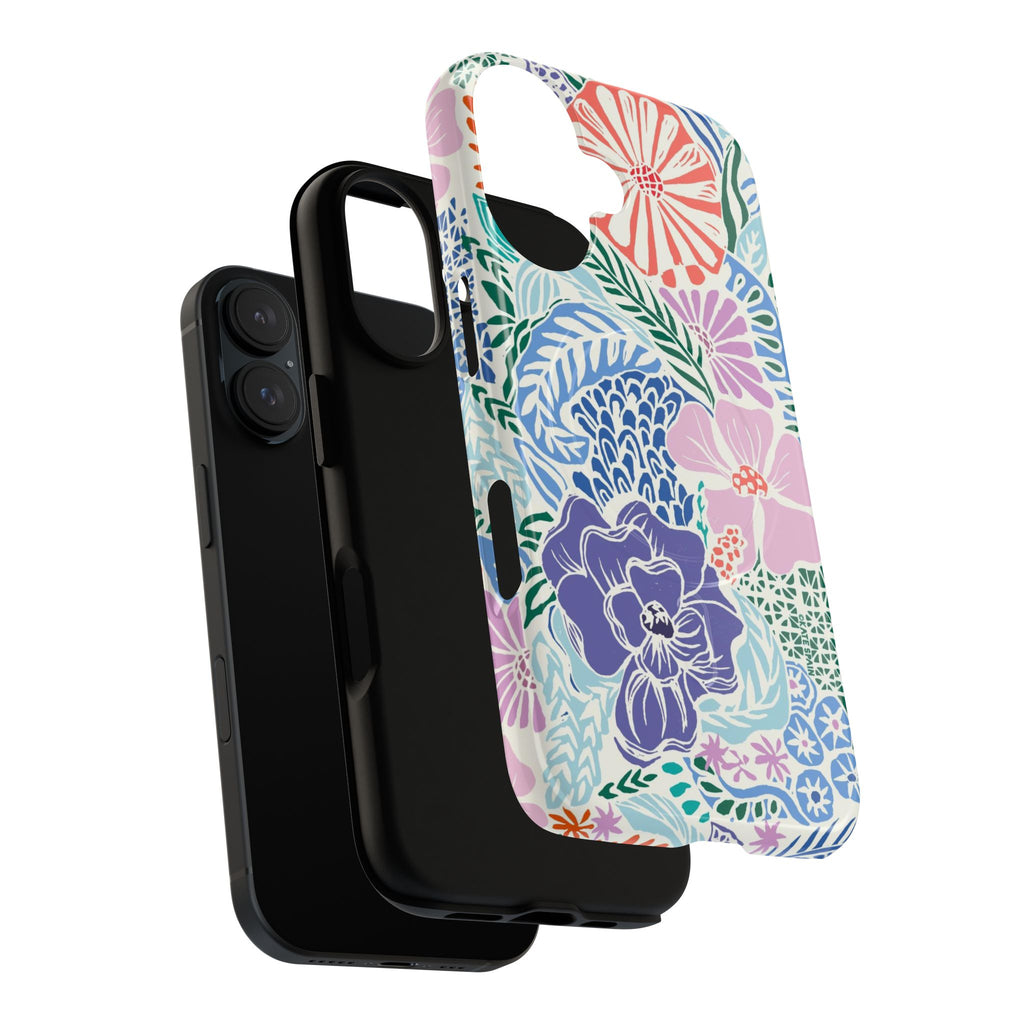 Tropica MagSafe iPhone 17 Case – Dual-layered view of case and inner lining in front of phone, with view of camera cutout and buttons | purple, coral, pink, blue botanical tropical floral print