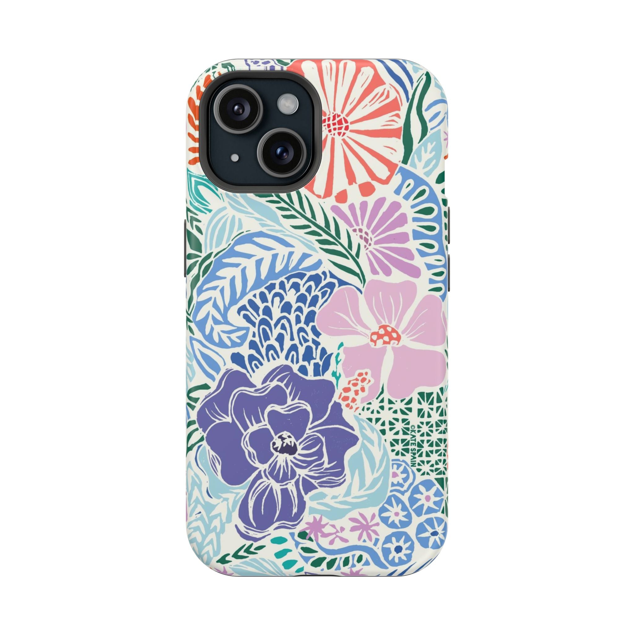 Tropica MagSafe iPhone 15 Case – Matte | purple, coral, pink, blue botanical tropical floral print MagSafe compatible, dual-layer protection