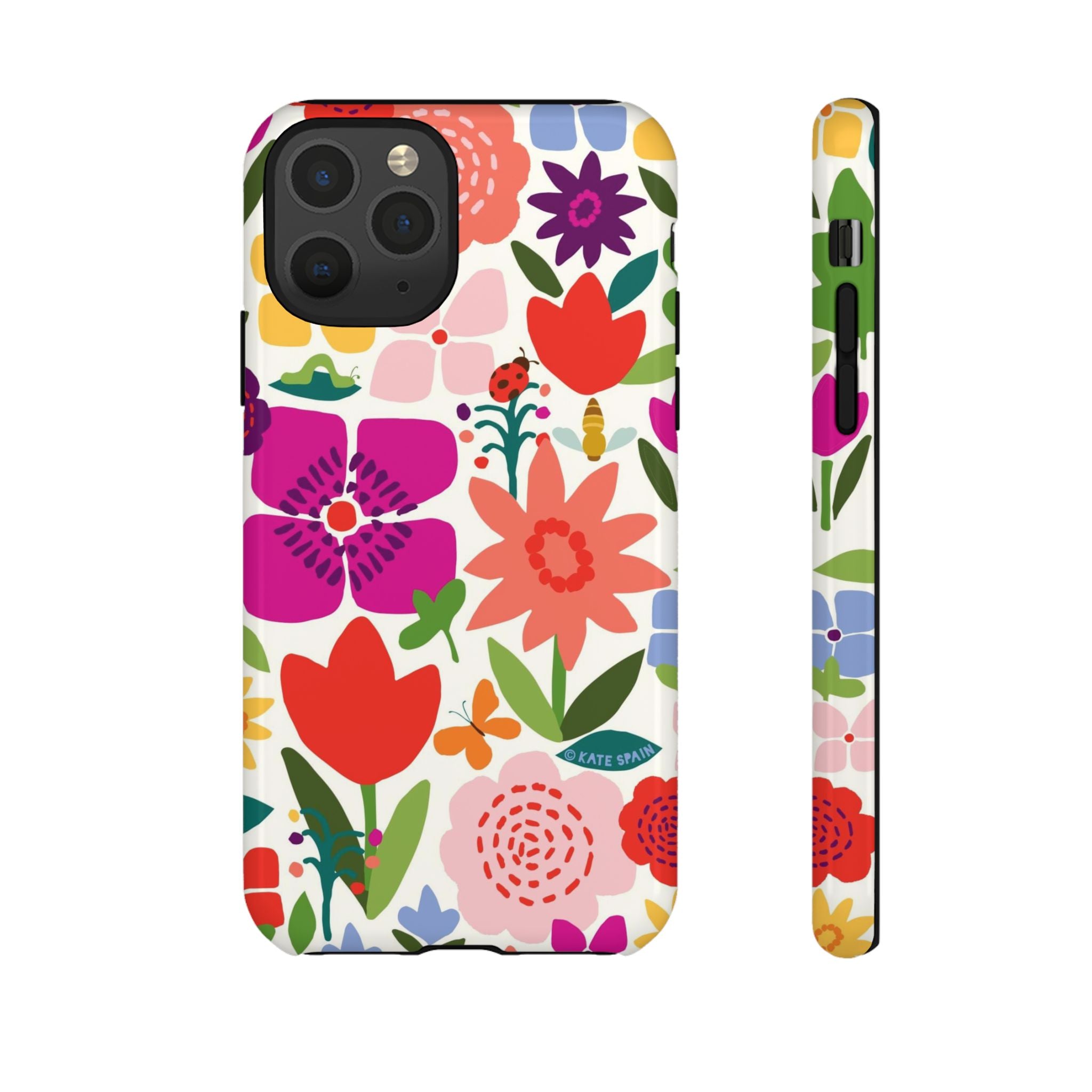 Happy Blooms Tough iPhone 11 Pro Case – Glossy | cream, red, magenta, coral botanical floral print