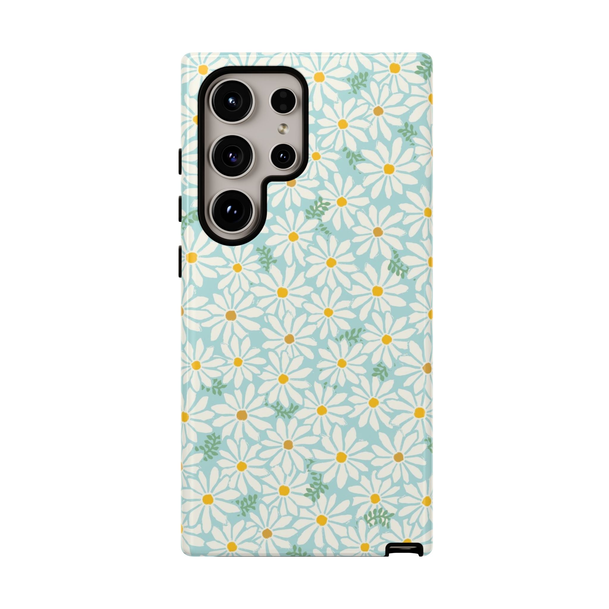 Daisies Samsung Galaxy S24 Ultra Case – Glossy | sky blue, white daisy print, golden yellow centers, mint green leaves dual-layer protection