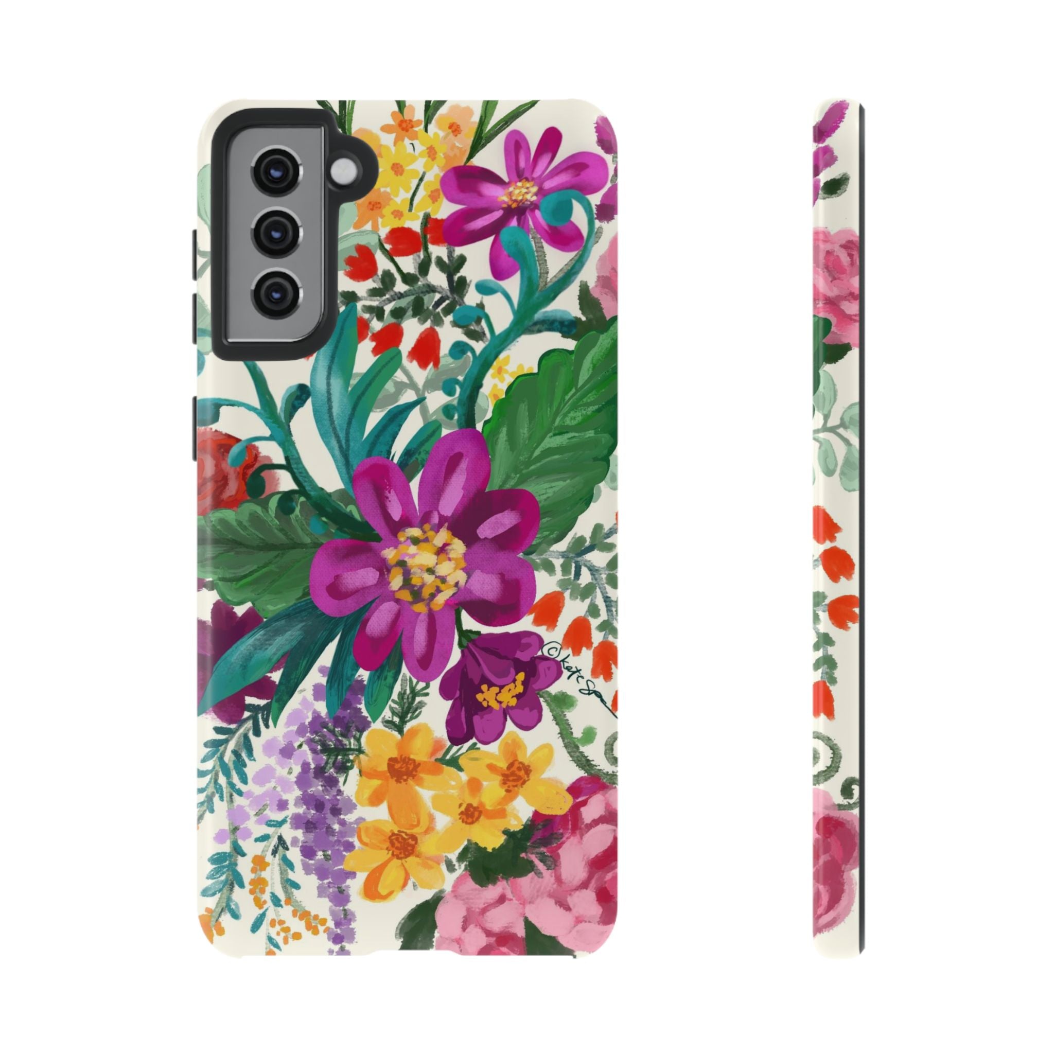 Tropical Posy Samsung Galaxy S21 Plus Case – Glossy | white, magenta, yellow, purple vibrant botanical floral print