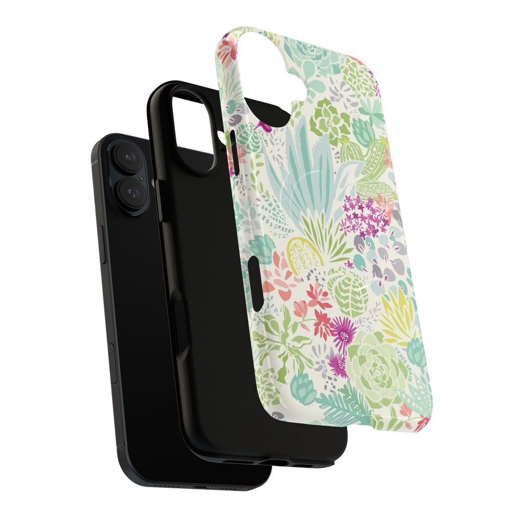 Canyon MagSafe iPhone 17 Case – Dual-layered view of case and inner lining in front of phone, with view of camera cutout and buttons | cream, sage, aqua, mauve, fuschia botanical succulent print