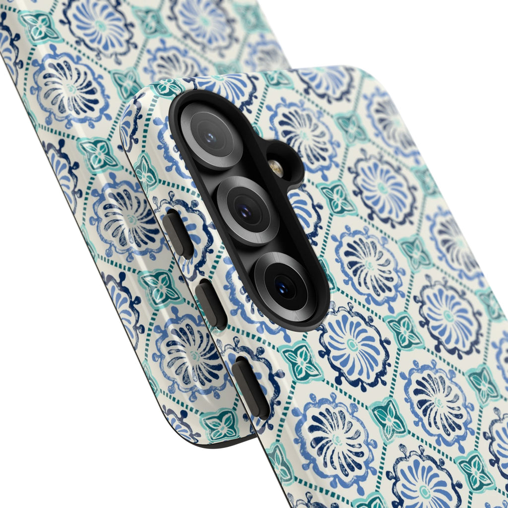 Horizon Blue Tile Samsung Galaxy S26 Case – side angled view of camera cutout and buttons | blue, turquoise, cream white dual-layer protection