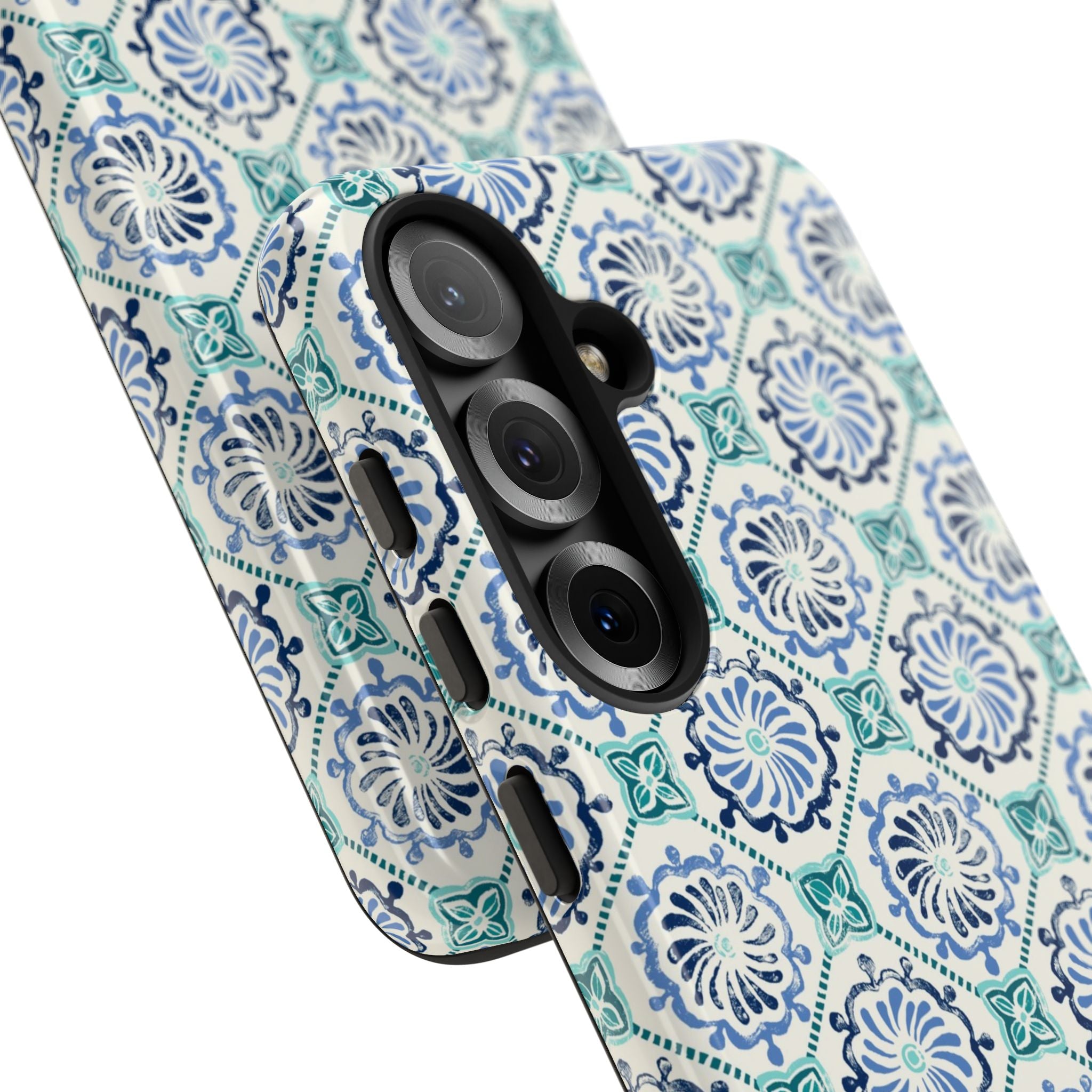 Horizon Blue Tile Samsung Galaxy S26 Case – side angled view of camera cutout and buttons | blue, turquoise, cream white dual-layer protection