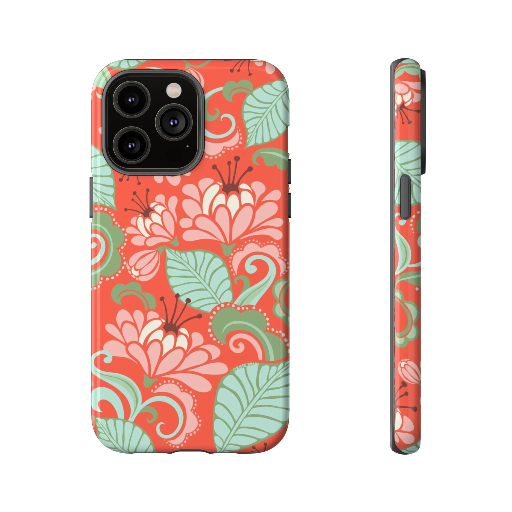 Sarabande Tough iPhone 14 Pro Max Case – Glossy | coral, pink, cream, green botanical floral print