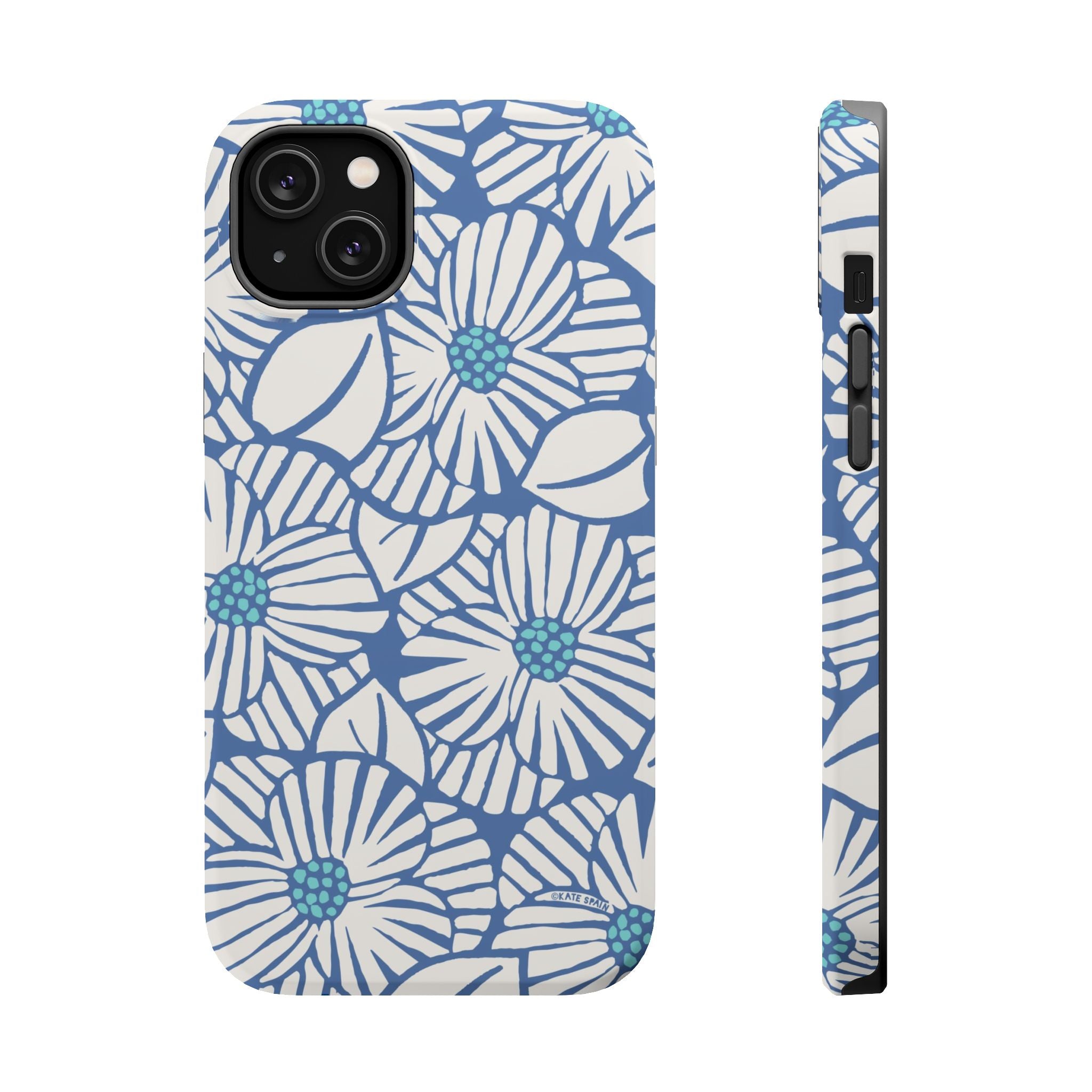 Calendula MagSafe iPhone 14 Pro Max Case – Glossy | slate blue, cream, teal kimono botanical print