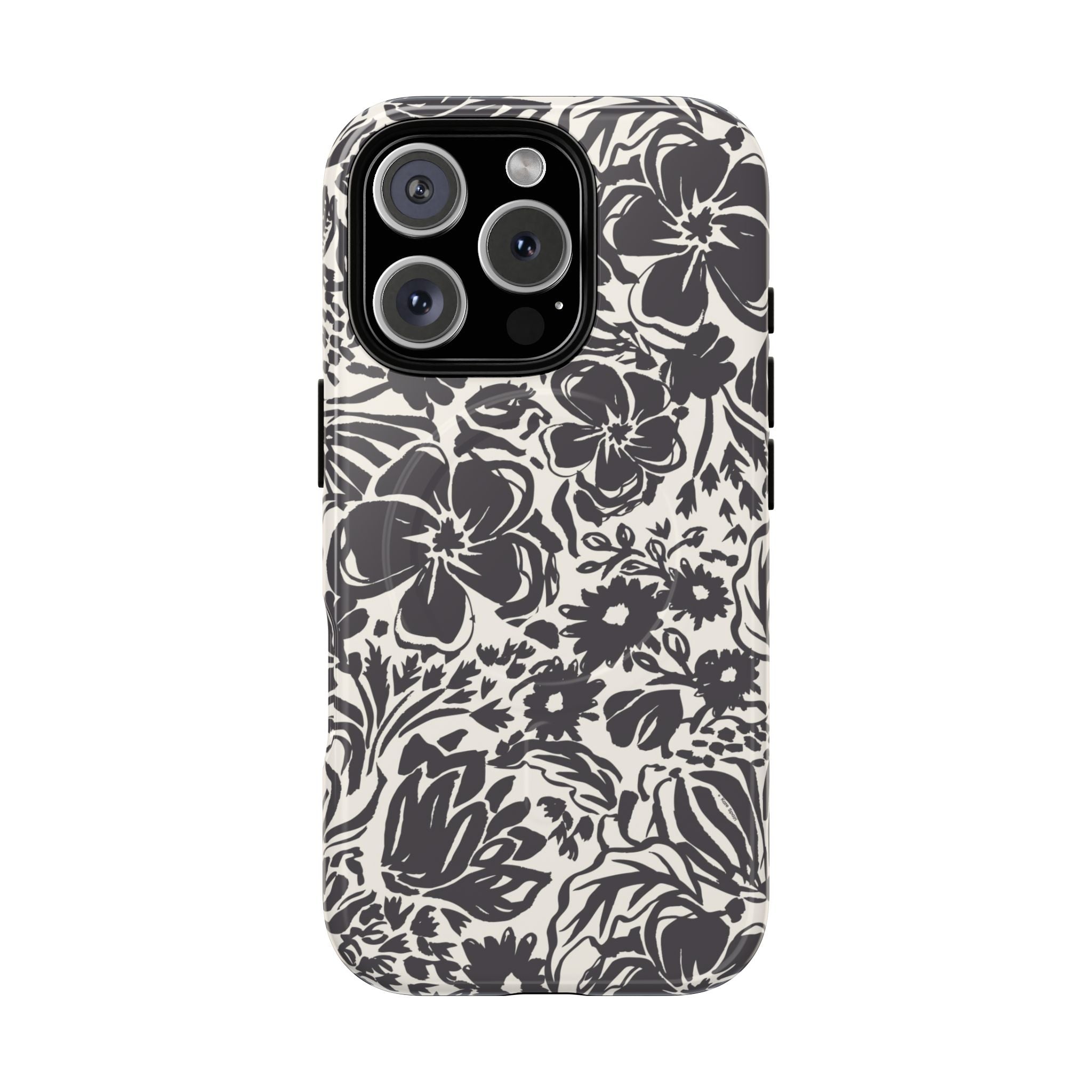 Rhapsody Black MagSafe iPhone 16 Glossy case — bold charcoal floral print on cream by Kate Spain