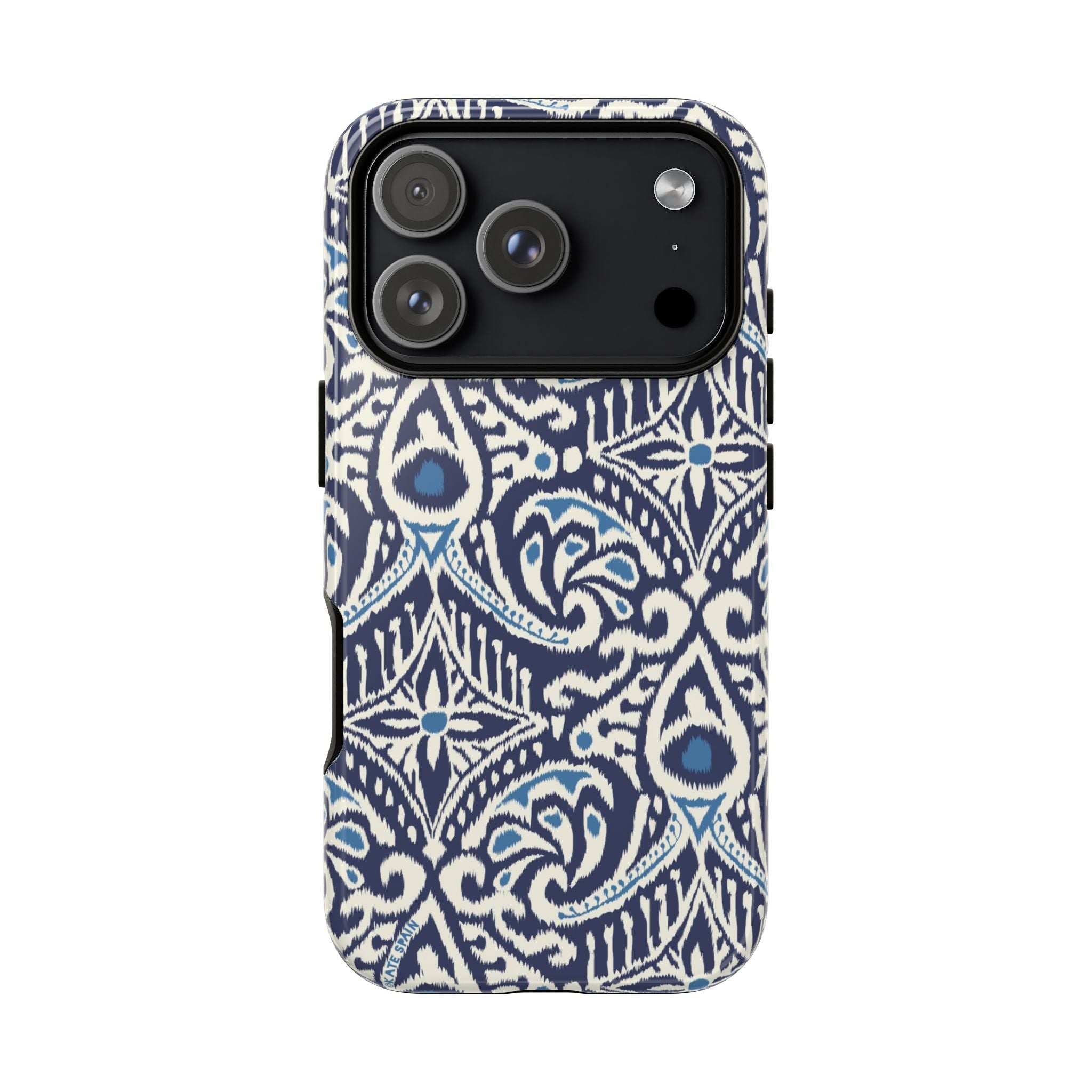 Ikat Tough iPhone 17 Pro Case – Glossy | navy, cream, blue ikat medallion print