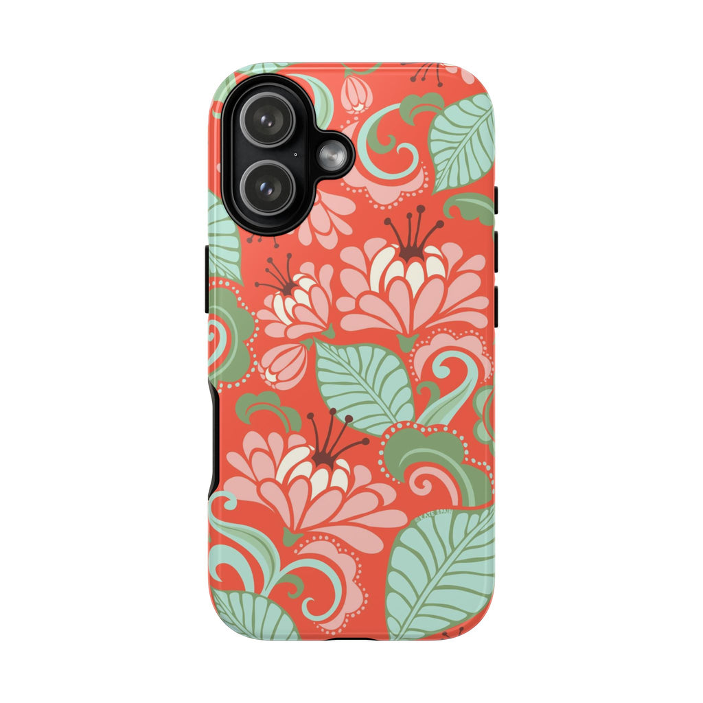 Sarabande Tough iPhone 17 Case – Glossy | coral, pink, cream, green botanical floral print