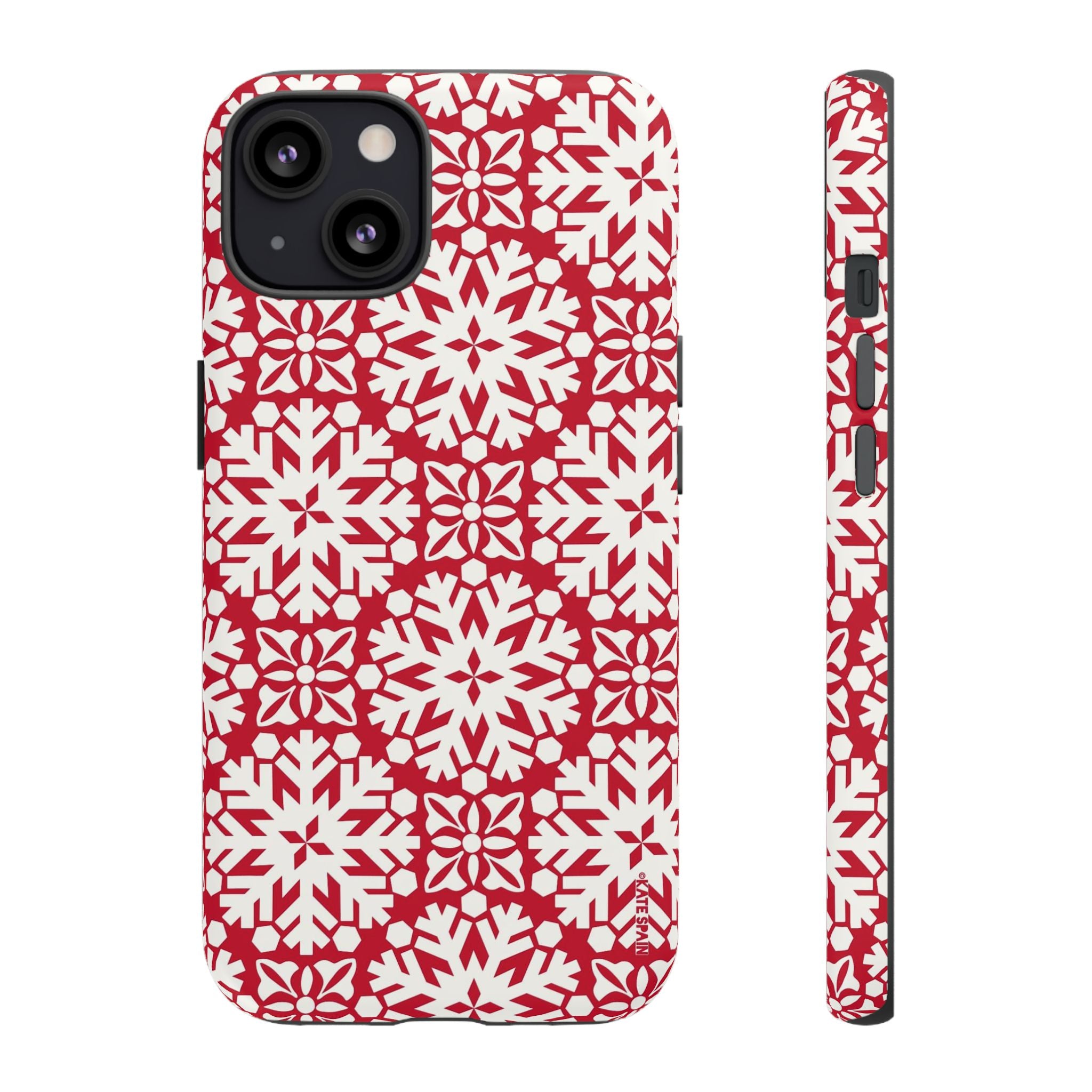 Flurry Tough iPhone 13 Case – Glossy | red, cream geometric snowflake medallion print
