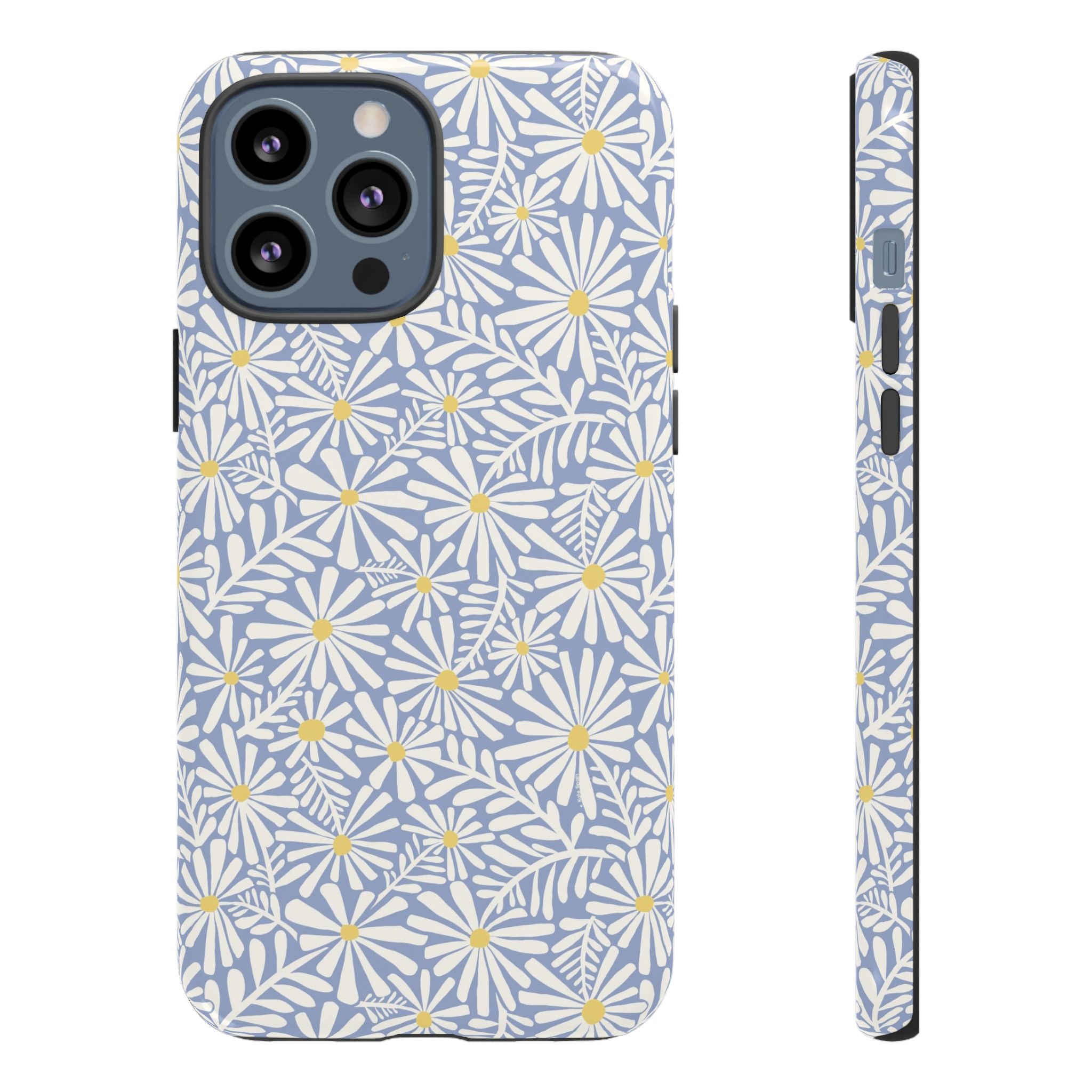 Montauk Daisy Cottage Blue iPhone 13 Pro Max Case – Glossy | periwinkle blue, white graphic daisy and fern print, golden yellow centers | dual-layer protection