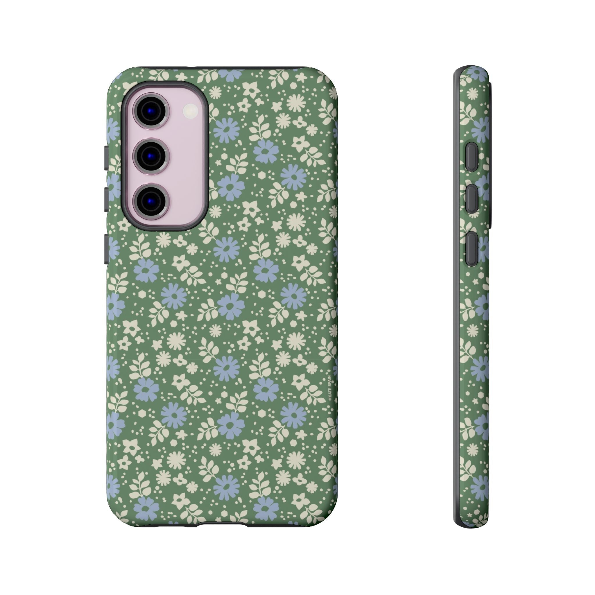 Cottage Core Cute Petaline Samsung Galaxy S23 Plus Case – Glossy | green background with white and blue ditsy florals