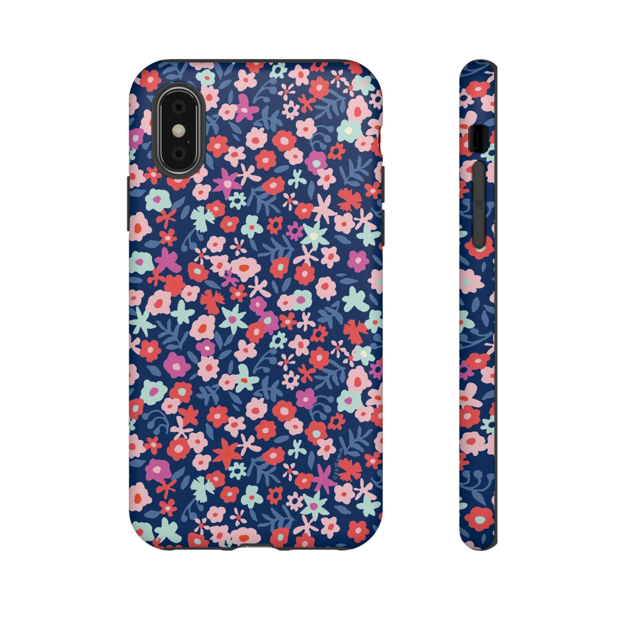 Primrose Tough iPhone X Case – Matte | navy, pink, white ditsy floral print