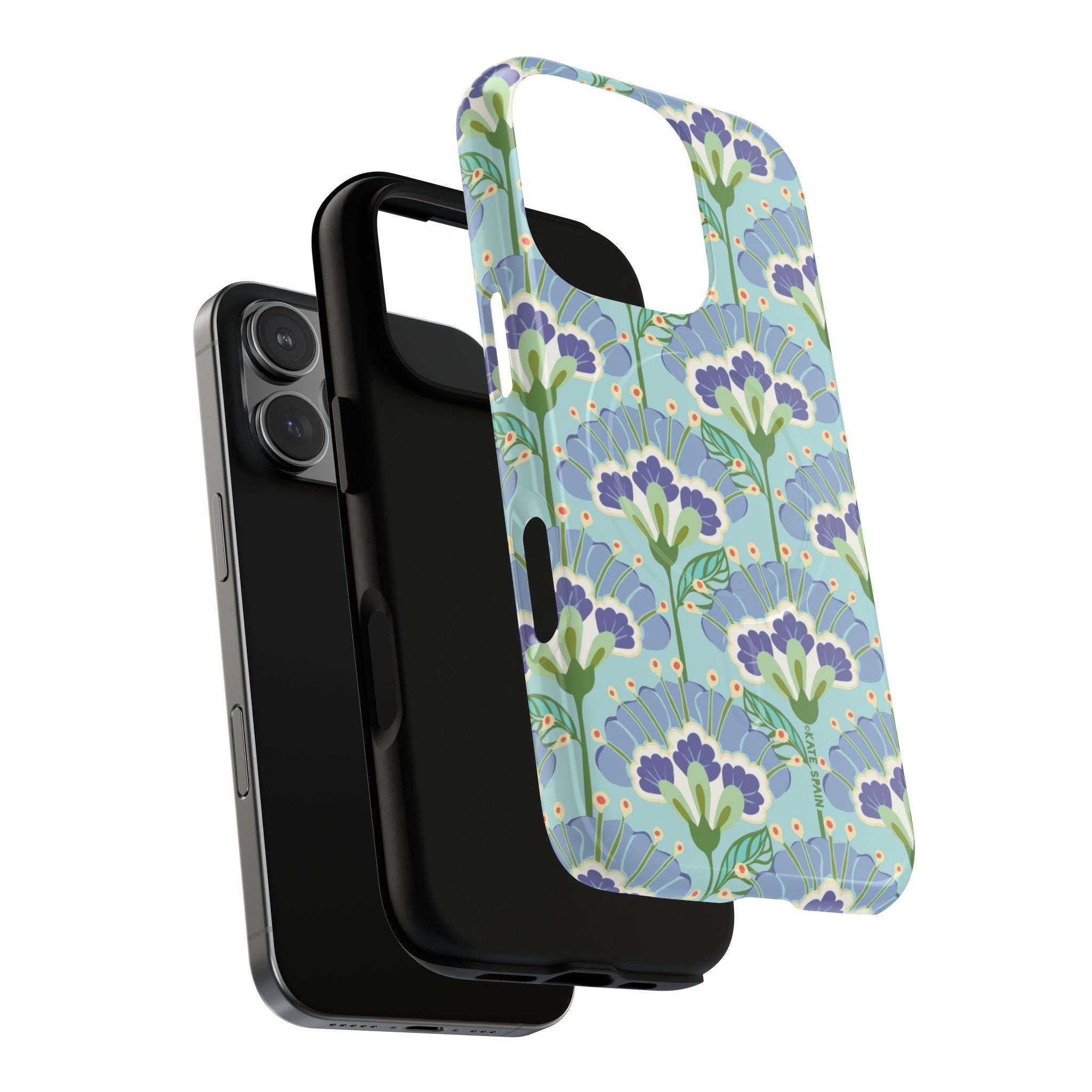 Lantern Flower MagSafe iPhone 16 Pro Max Case – Dual-layered view of case and inner lining in front of phone, with view of camera cutout and buttons | aqua, periwinkle, green botanical lantern floral print