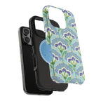 Lantern Flower MagSafe iPhone  15 Pro Max Case – Glossy | angle view of dual-layered construction with outer case in aqua, periwinkle, green botanical lantern floral print MagSafe compatible, dual-layer protection