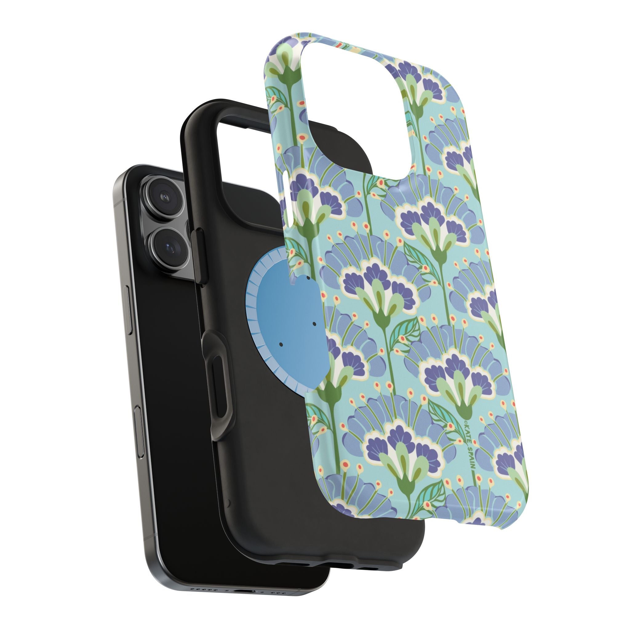 Lantern Flower MagSafe iPhone  15 Pro Max Case – Glossy | angle view of dual-layered construction with outer case in aqua, periwinkle, green botanical lantern floral print MagSafe compatible, dual-layer protection