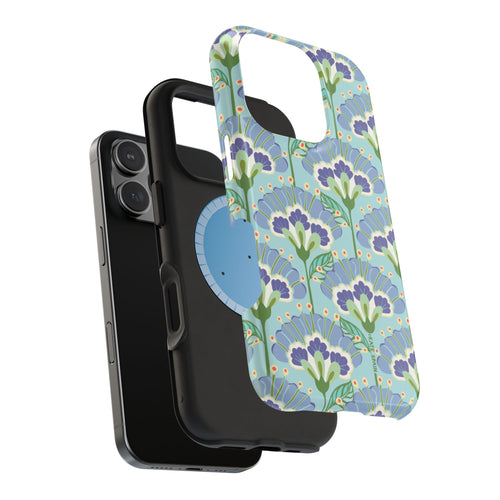 Lantern Flower MagSafe iPhone  15 Pro Max Case – Glossy | angle view of dual-layered construction with outer case in aqua, periwinkle, green botanical lantern floral print MagSafe compatible, dual-layer protection