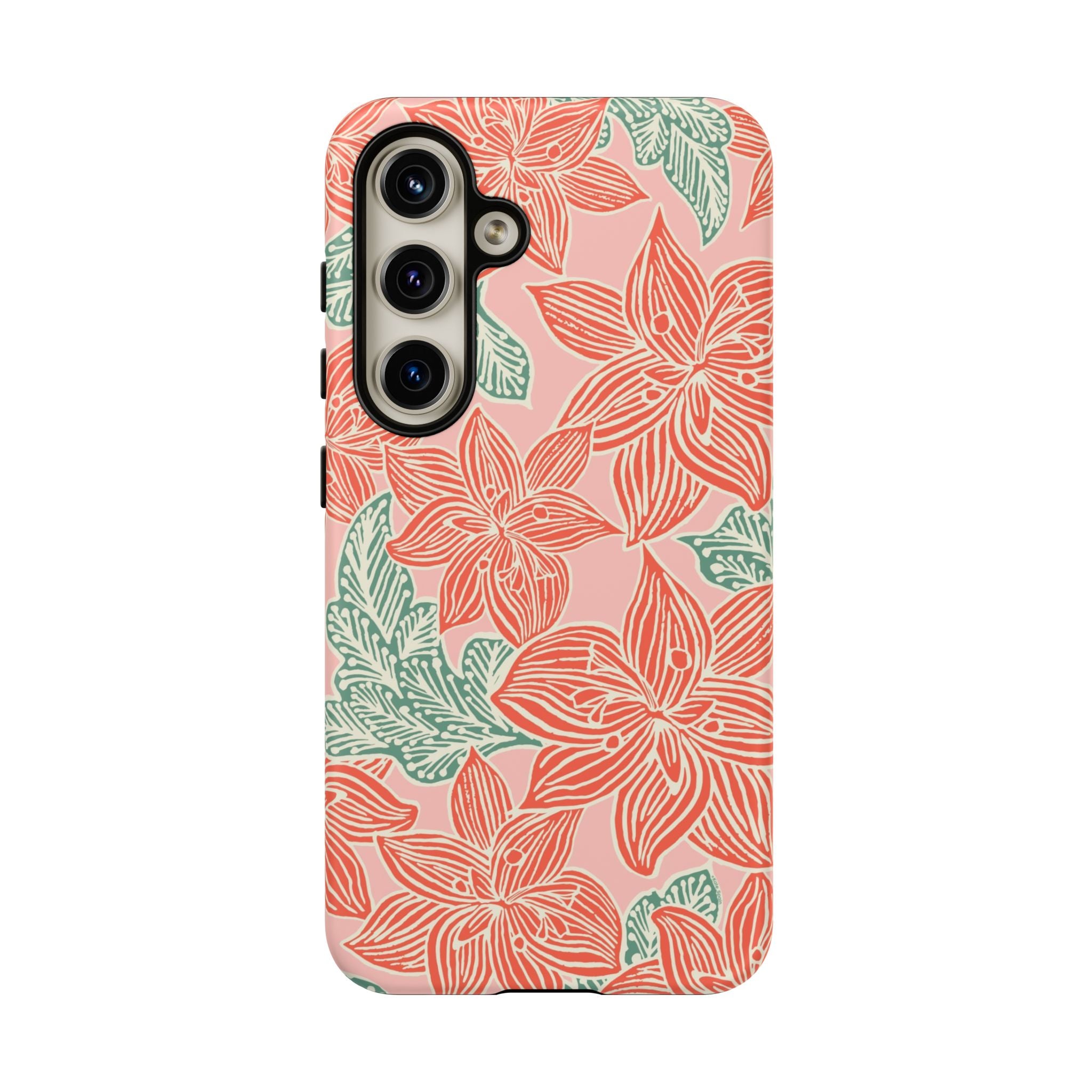 Hibiscus Coral Samsung Galaxy S24 Matte Case — blush pink hard case with large-scale coral red hibiscus flowers and teal-green leaves in a bold botanical linework print, densely layered across the surface