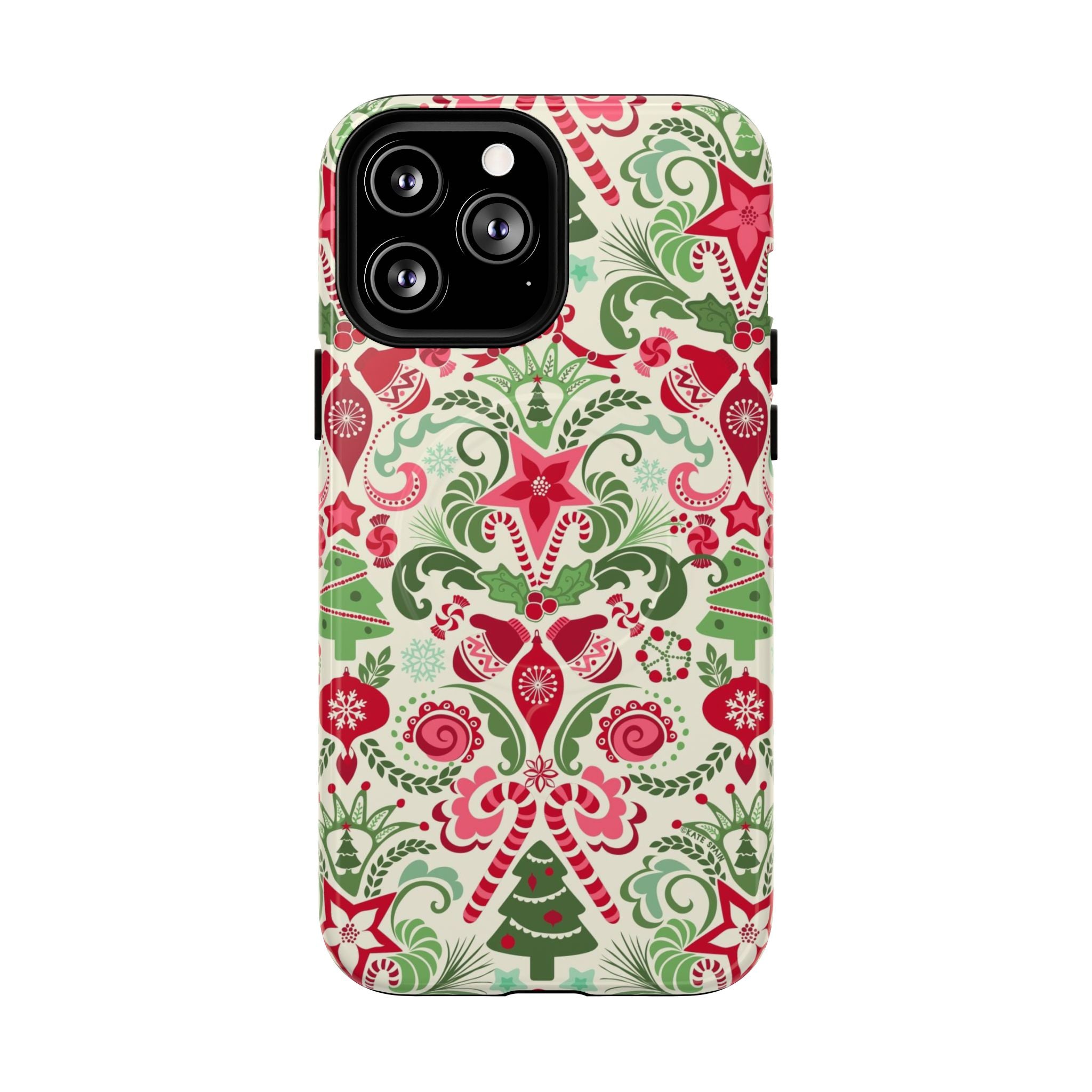 Wonderland MagSafe iPhone 13 Pro Max Case – Glossy | cream, red, and green Christmas holiday medallion print with ornaments, candy canes, trees, and stars