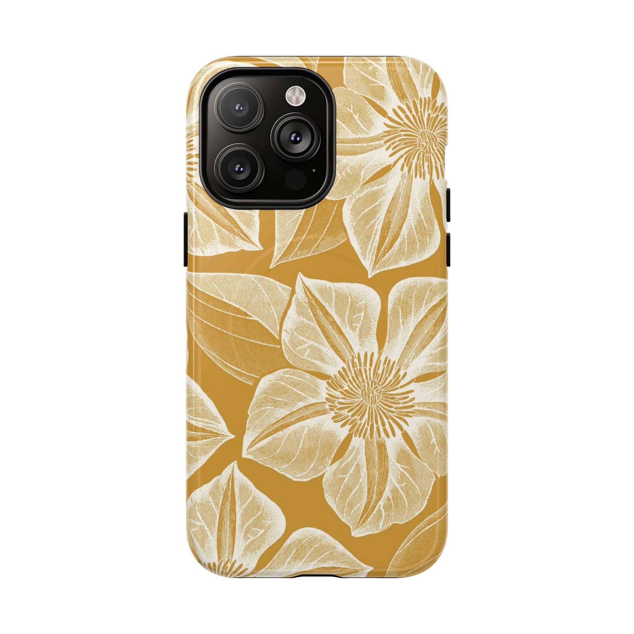 Vintage Bloom Gold MagSafe iPhone 14 Pro Max Case – Glossy | warm gold ground, large-scale cream clematis print, engraved petal detail, dual-layer protection