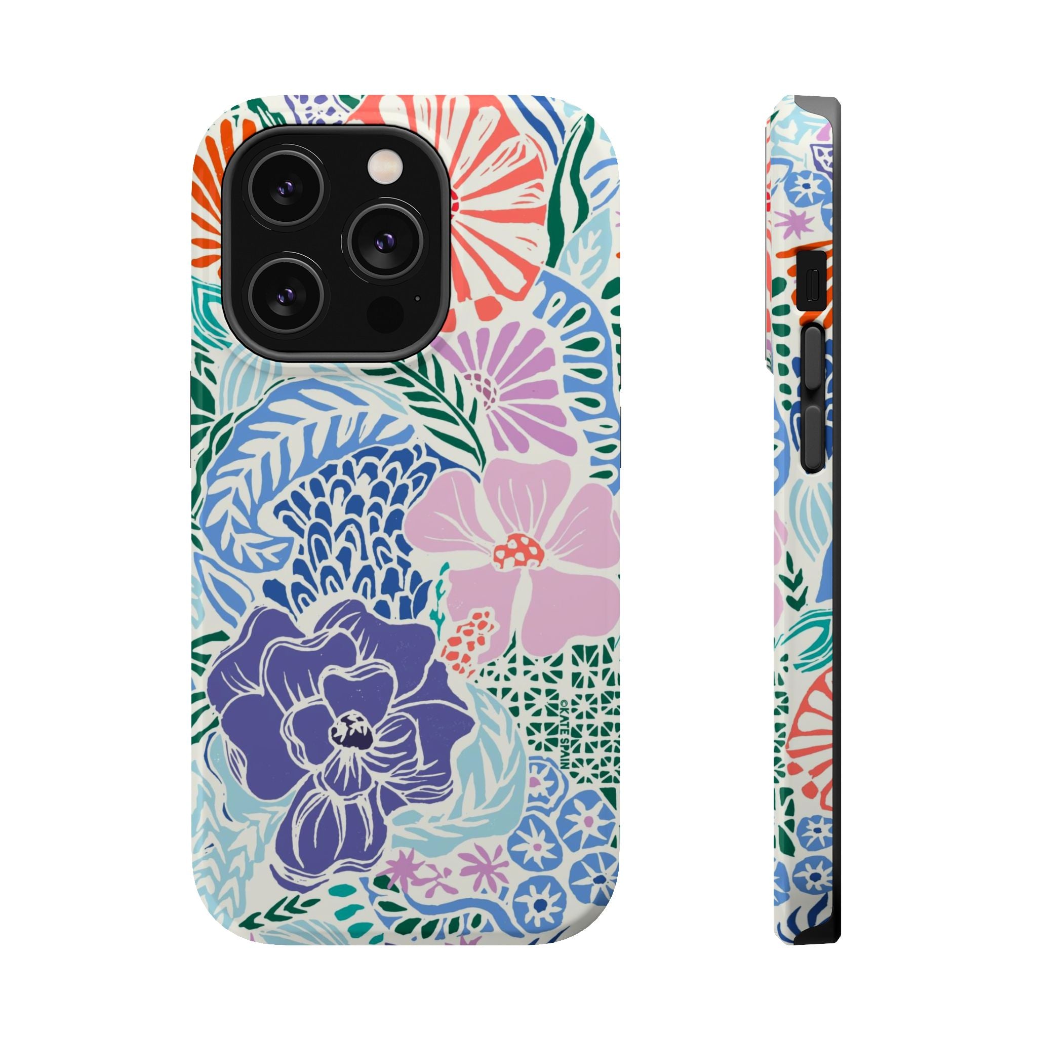Tropica MagSafe iPhone 14 Pro Case – Glossy | purple, coral, pink, blue botanical tropical floral print MagSafe compatible, dual-layer protection