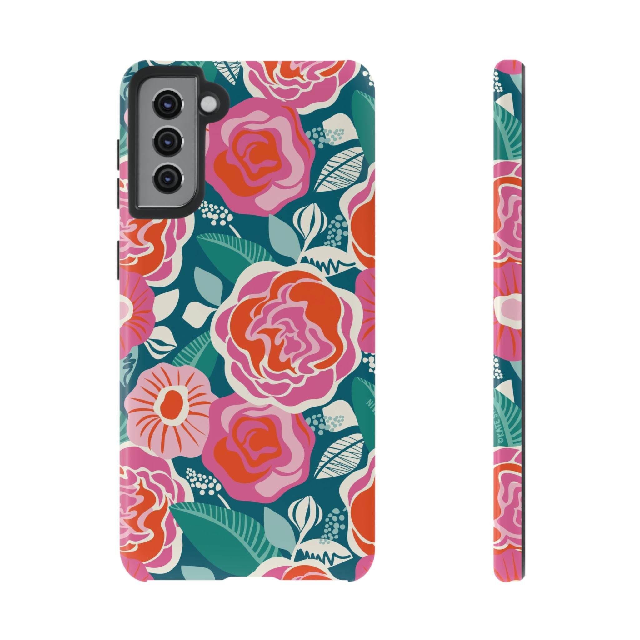 Luxury Tea Rose Teal Samsung Galaxy S21 Plus Case – Glossy | teal, coral, pink botanical rose floral prints